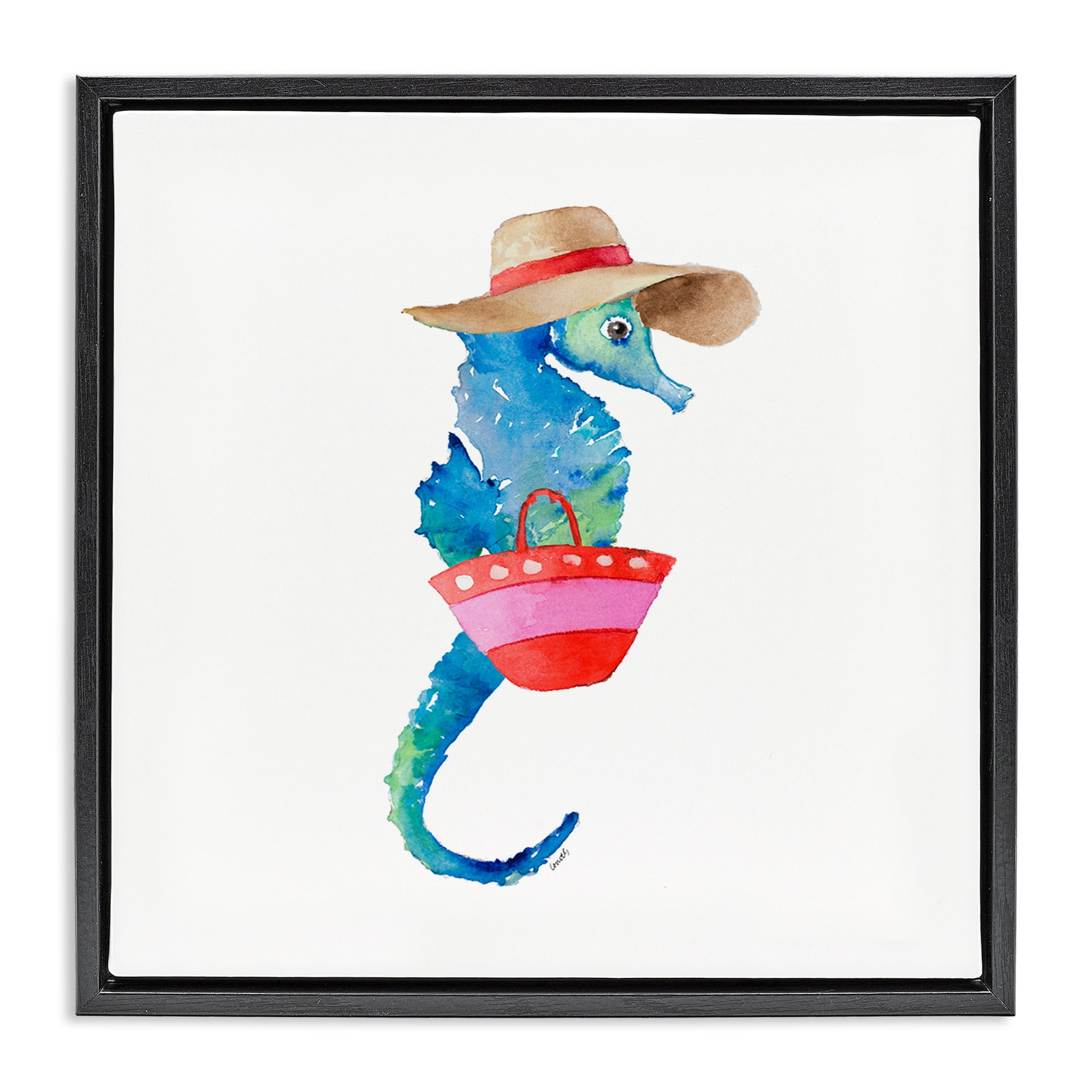 Stupell Industries Seahorse in Beach Hat Novelty Painting Black Floater Framed Canvas Art Print Wall Art, 25 x 25