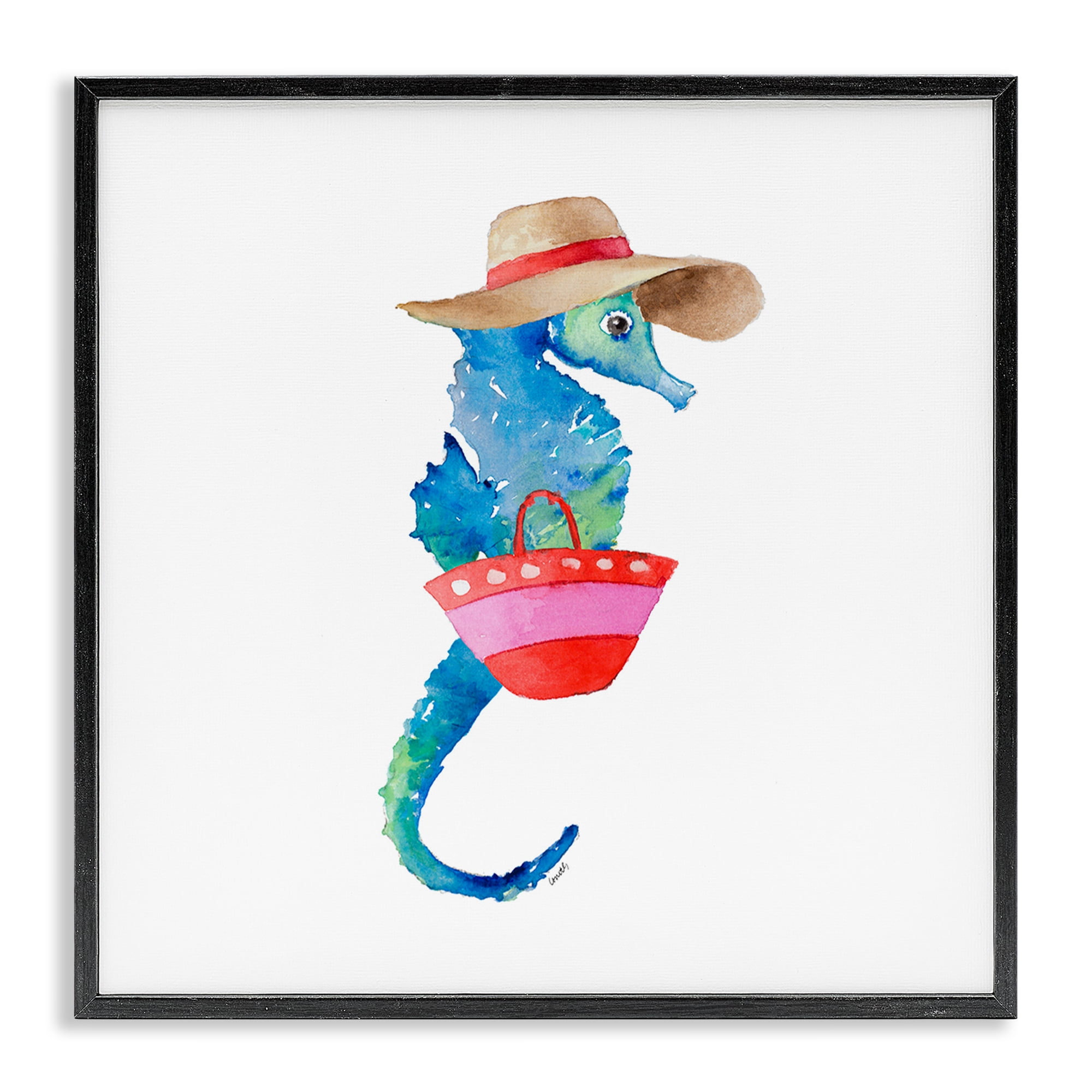 Stupell Industries Seahorse in Beach Hat Novelty Painting Black Framed Art Print Wall Art, 17 x 17