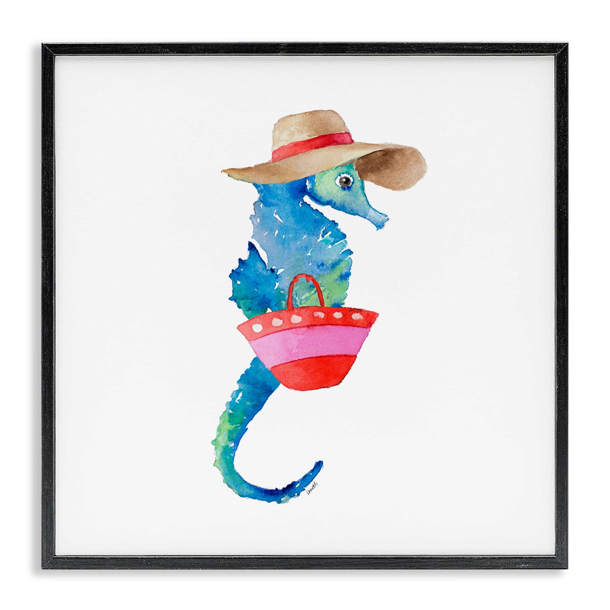 Stupell Industries Seahorse in Beach Hat Novelty Painting Black Framed Art Print Wall Art, 24 x 24
