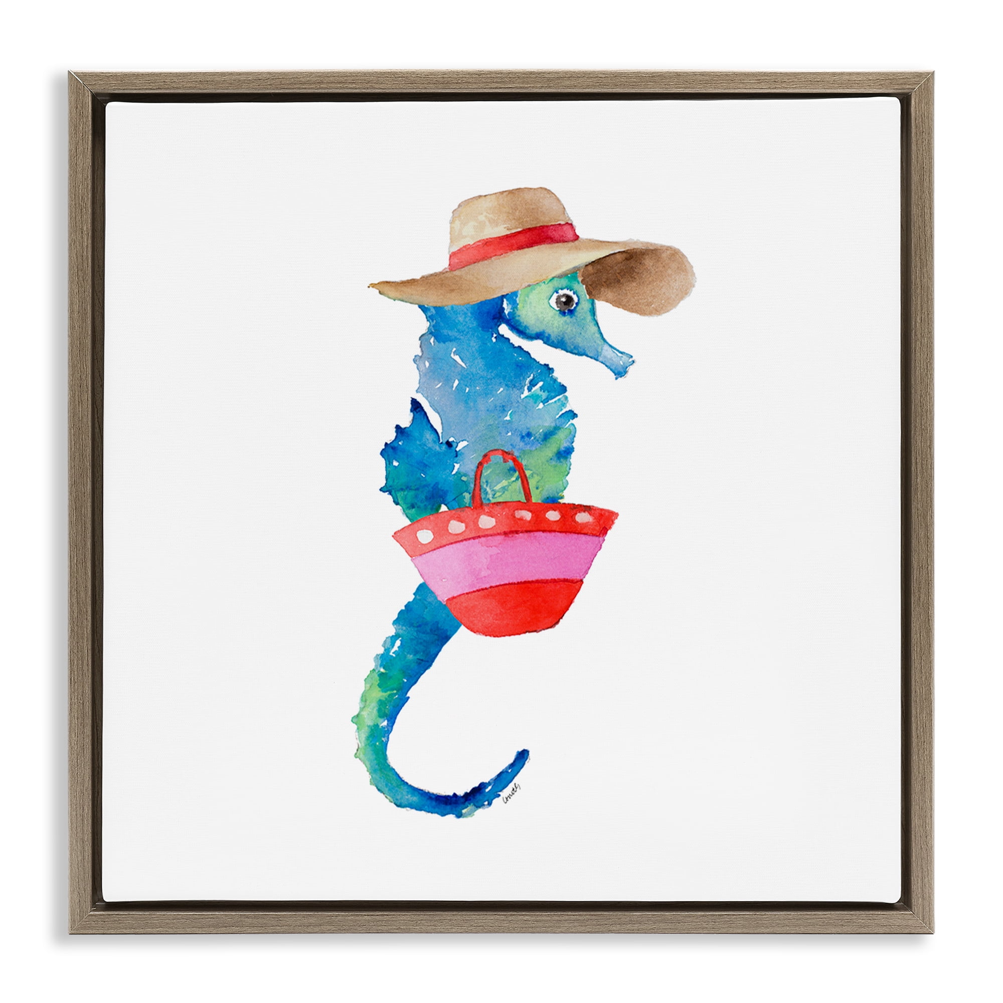 Stupell Industries Seahorse in Beach Hat Novelty Painting Brown Floater Framed Canvas Art Print Wall Art, 25 x 25