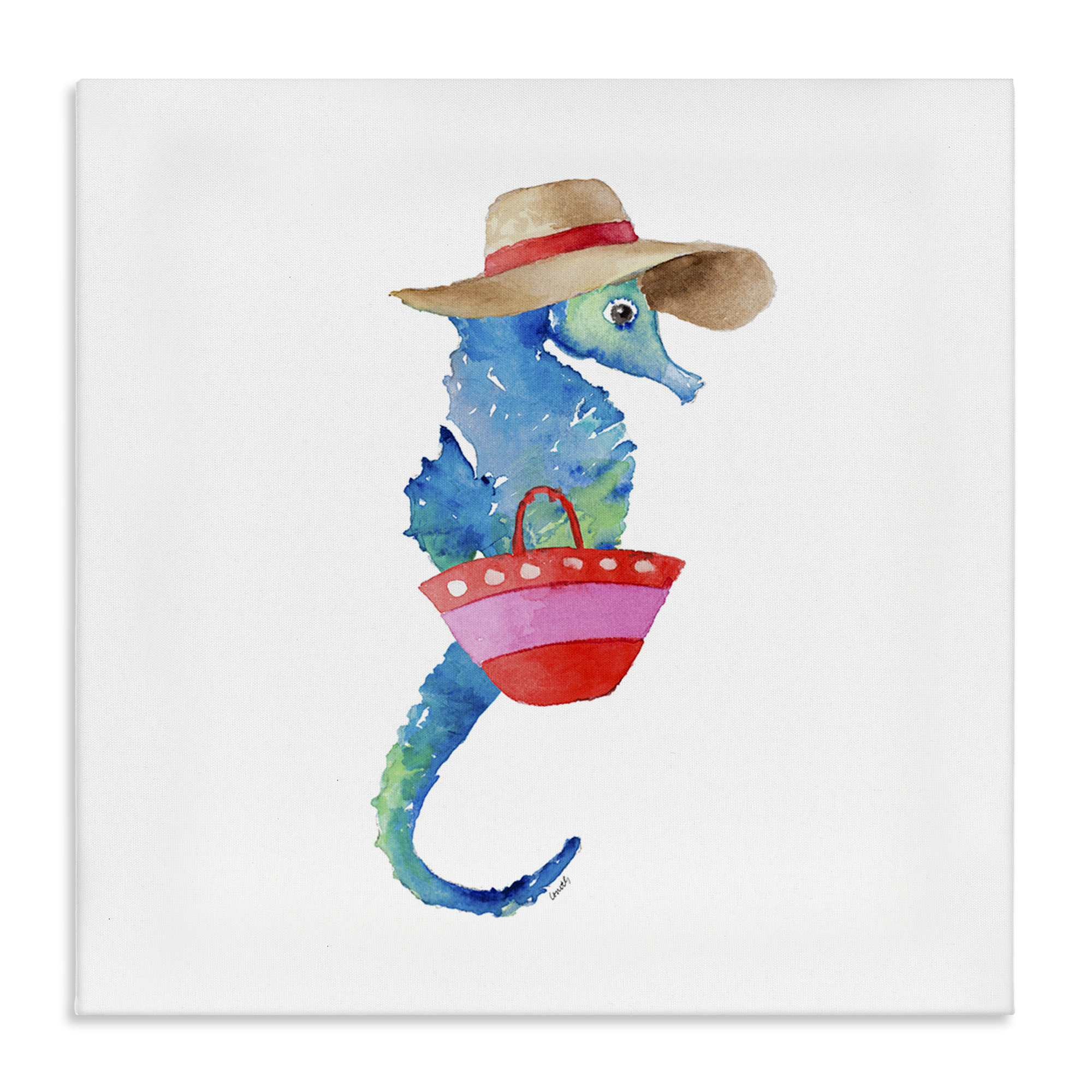 Stupell Industries Seahorse in Beach Hat Novelty Painting Gallery Wrapped Canvas Art Print Wall Art, 24 x 24