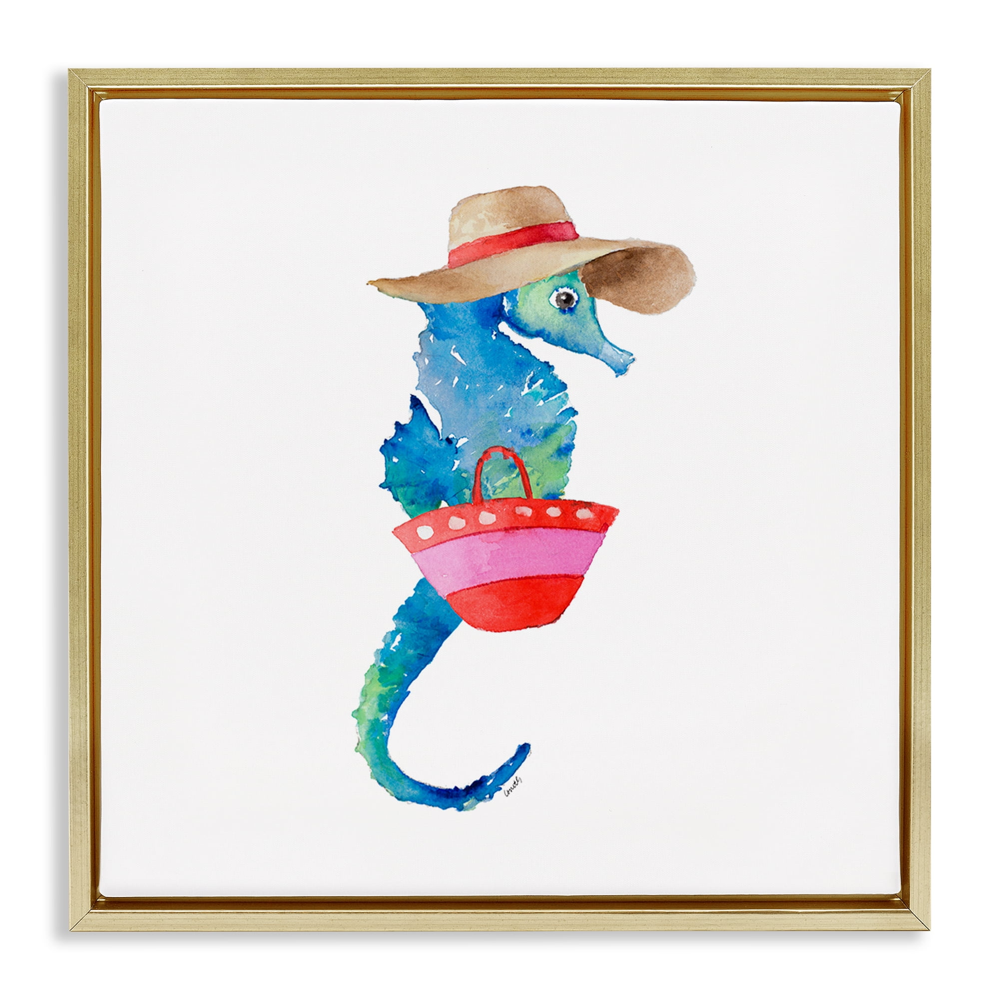 Stupell Industries Seahorse in Beach Hat Novelty Painting Gold Floater Framed Canvas Art Print Wall Art, 18 x 18