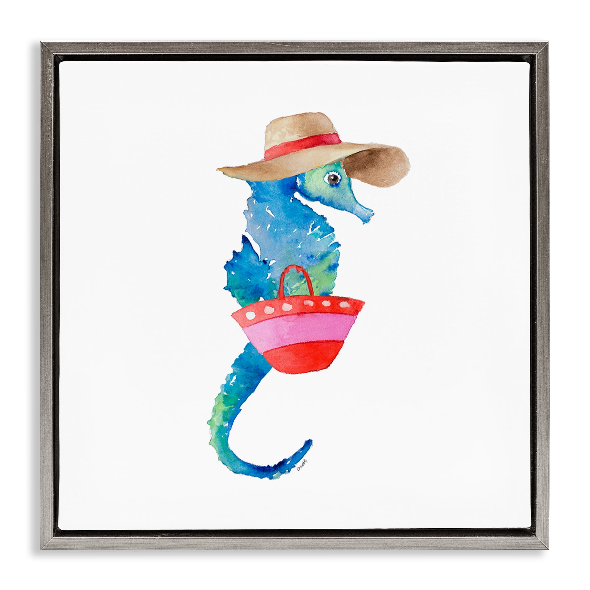 Stupell Industries Seahorse in Beach Hat Novelty Painting Gray Floater Framed Canvas Art Print Wall Art, 25 x 25
