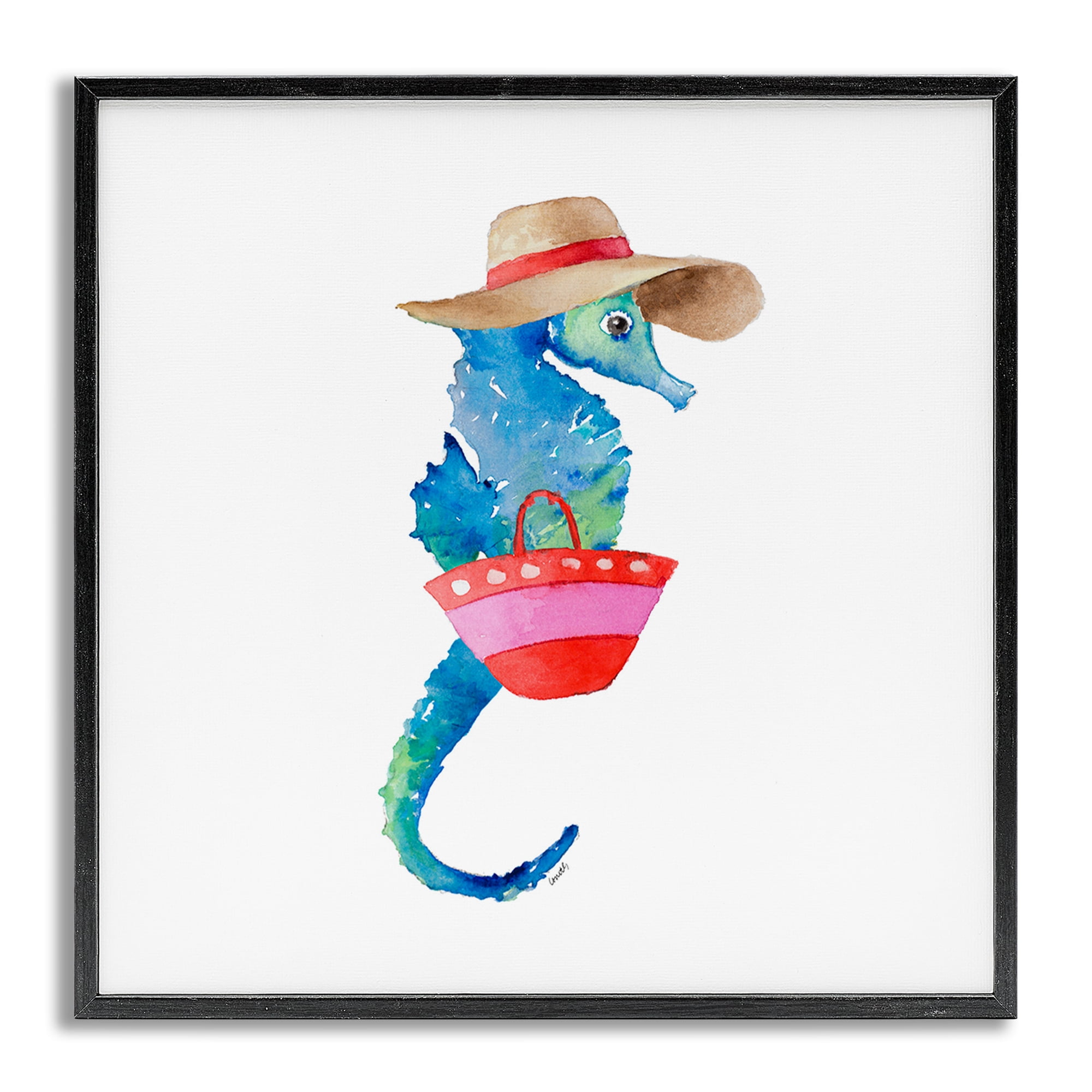 Stupell Industries Seahorse in Beach Hat Novelty Painting Gray Framed Art Print Wall Art, 12 x 12