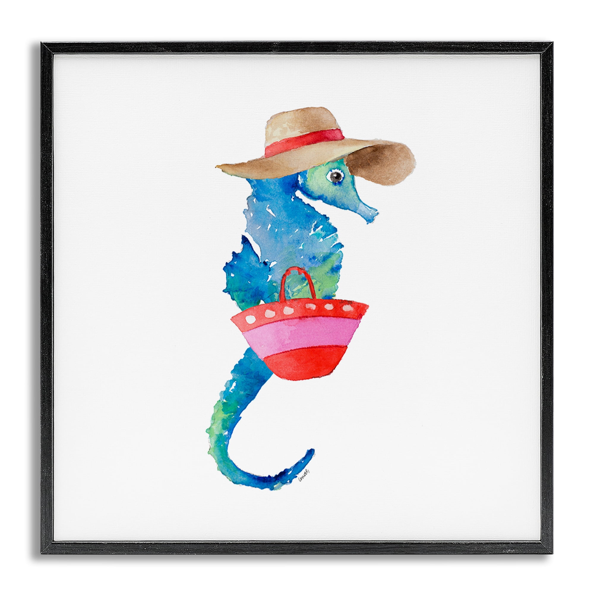 Stupell Industries Seahorse in Beach Hat Novelty Painting Gray Framed Art Print Wall Art, 24 x 24