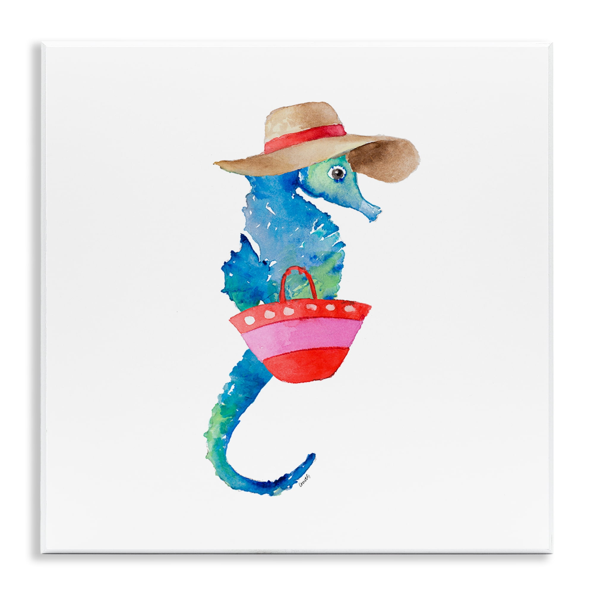 Stupell Industries Seahorse in Beach Hat Novelty Painting Unframed Art Print Wall Art, 12 x 12