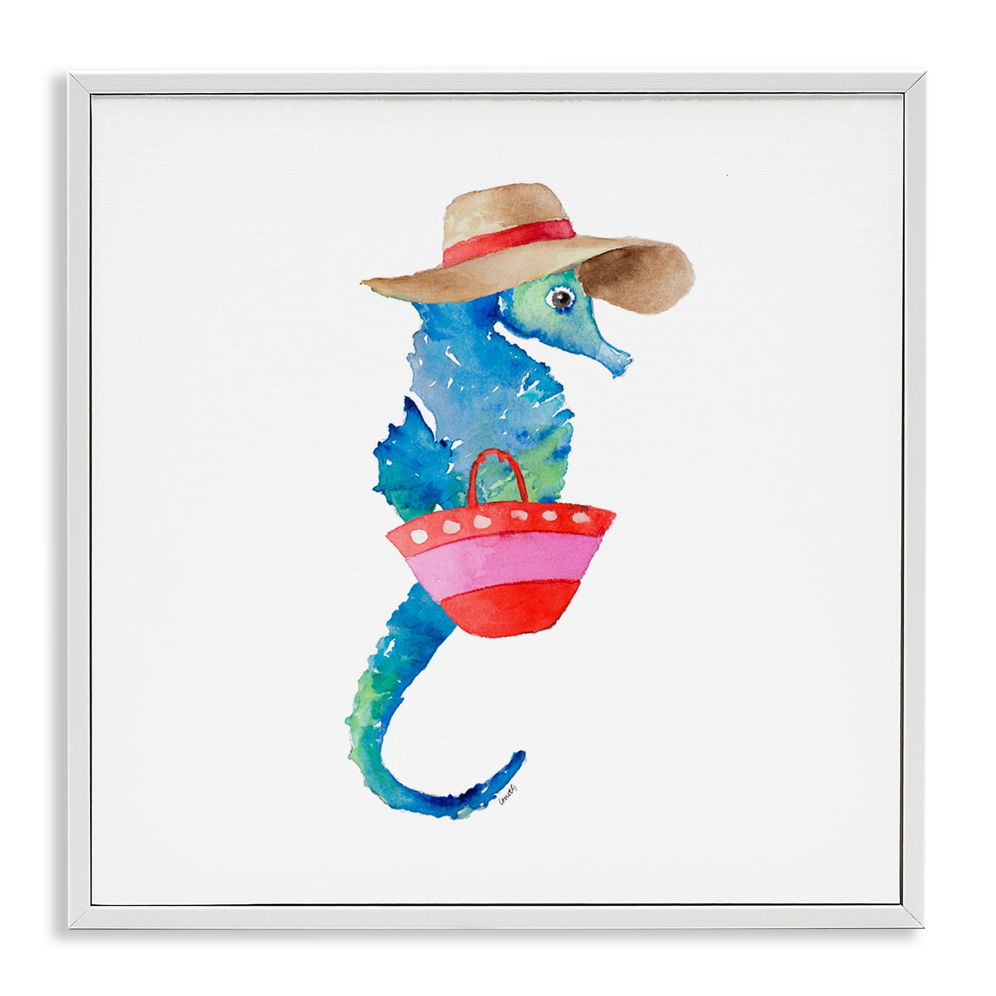 Stupell Industries Seahorse in Beach Hat Novelty Painting White Framed Art Print Wall Art, 17 x 17