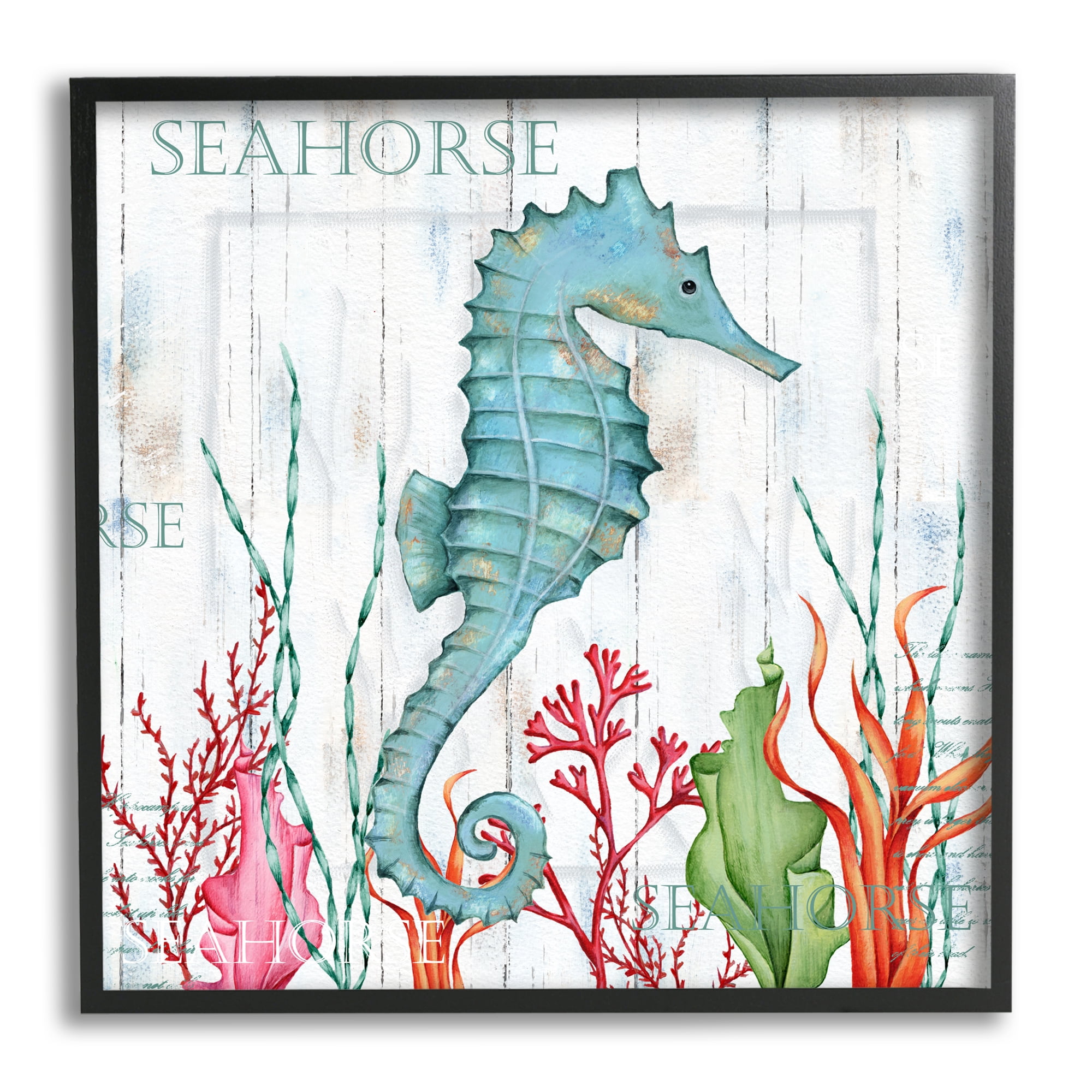 Stupell Industries Seahorse on Rustic Plank Pattern Animals & Insects Painting Black Framed Art Print Wall Art, 12 x 12
