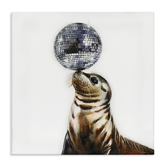 Stupell Industries Seal Balancing Disco Ball Animals Painting Wrapped Canvas Canvas Art Print Wall Art, 24 x 24