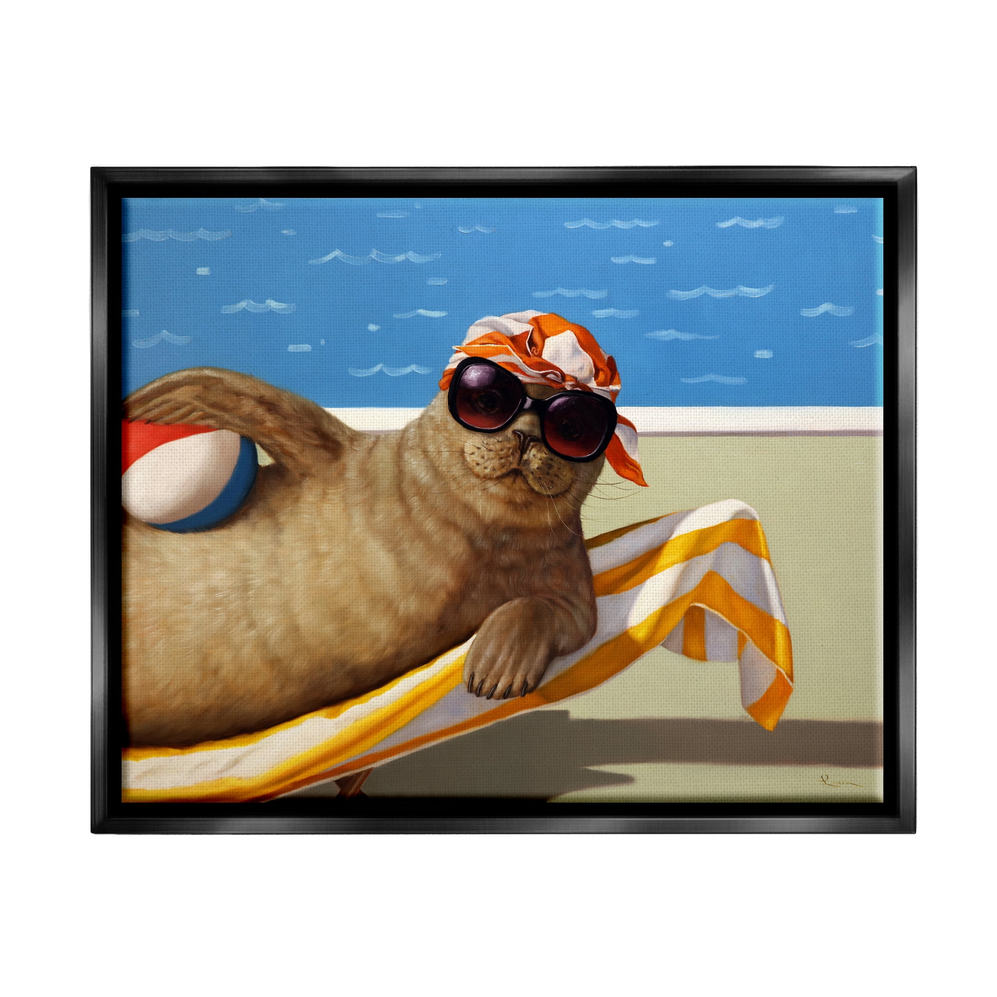 Stupell Industries Seal with Beachball Animals & Insects Painting Black Floater Framed Art Print Wall Art, 31 x 25