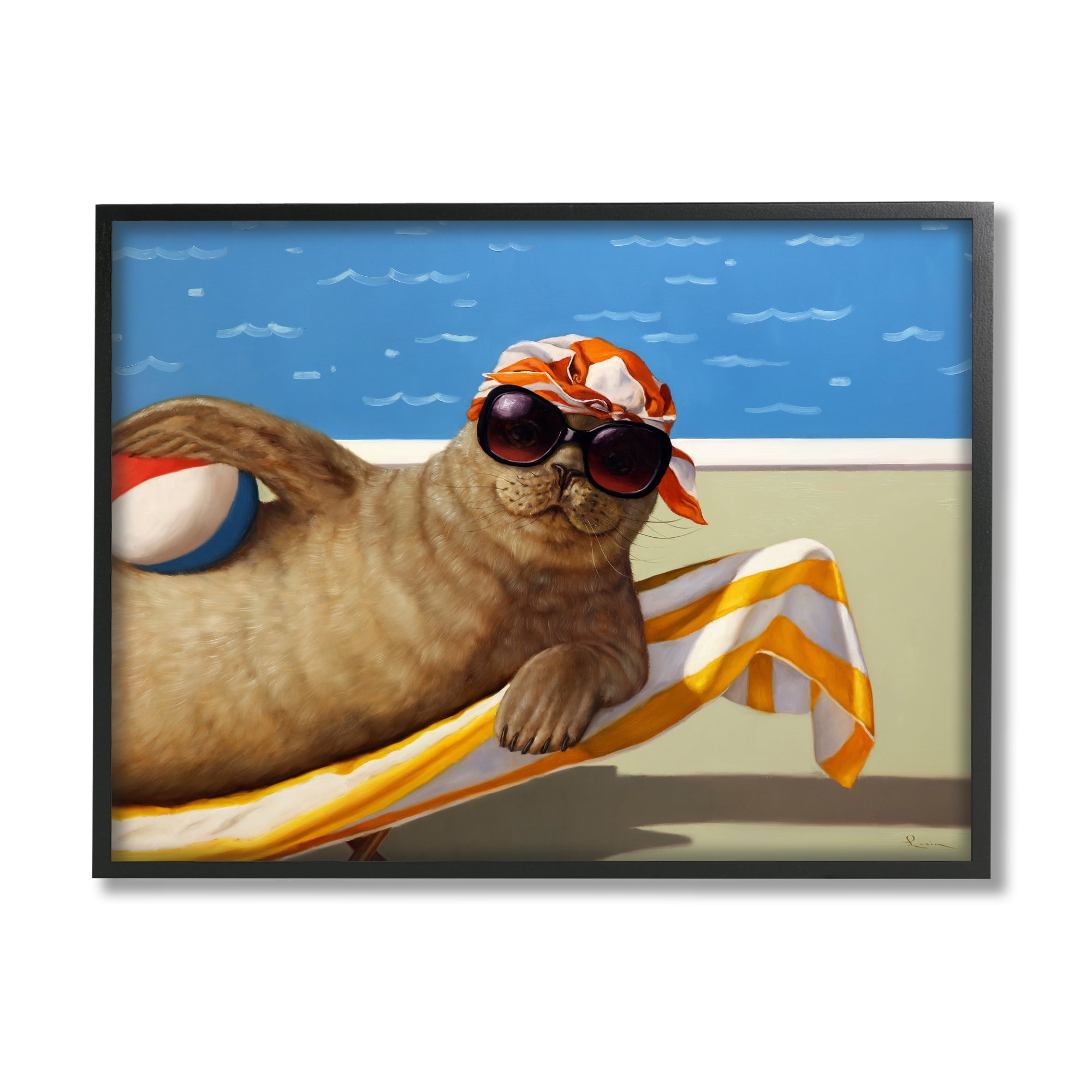 Stupell Industries Seal with Beachball Animals & Insects Painting Black Framed Art Print Wall Art, 14 x 11