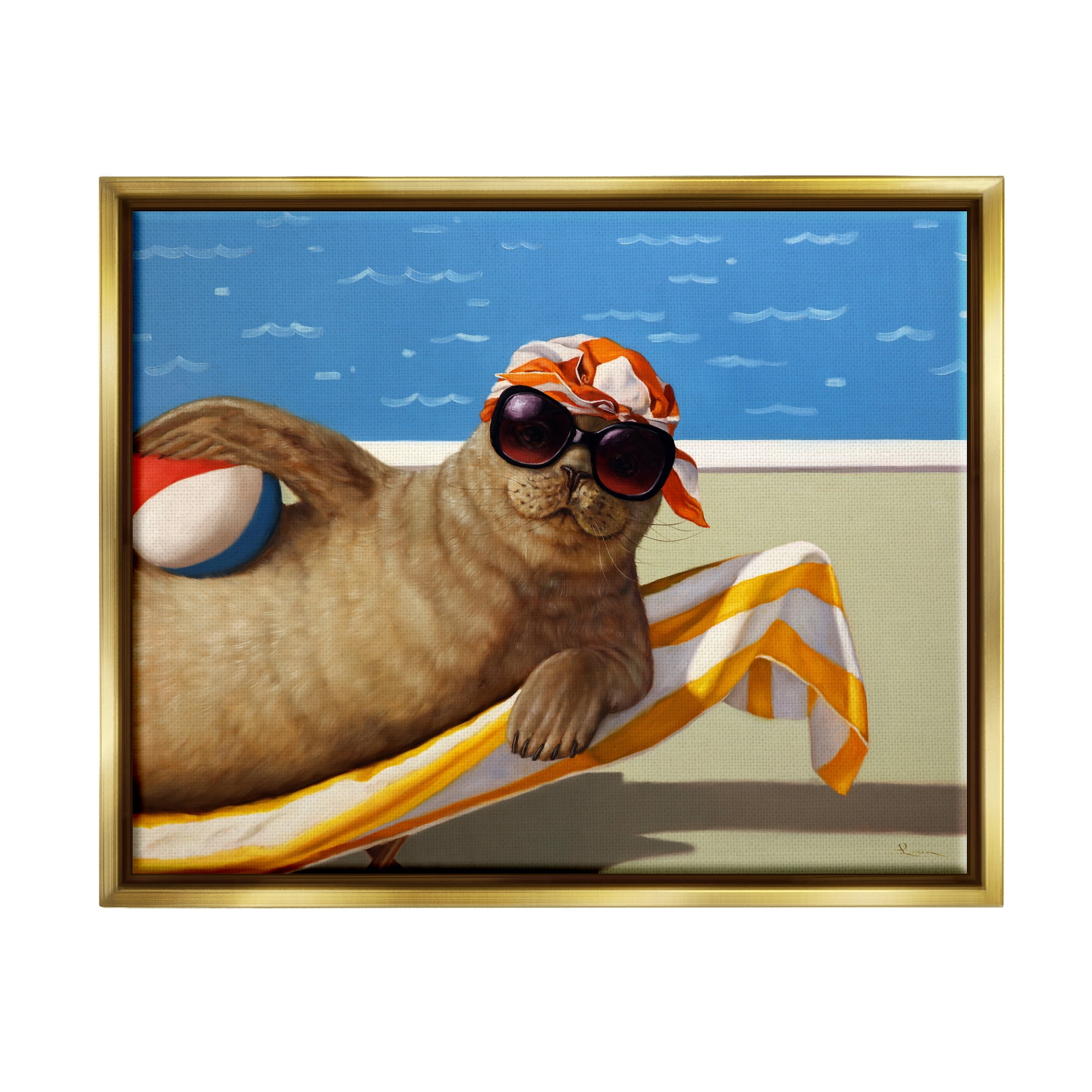 Stupell Industries Seal with Beachball Animals & Insects Painting Gold Floater Framed Art Print Wall Art, 31 x 25