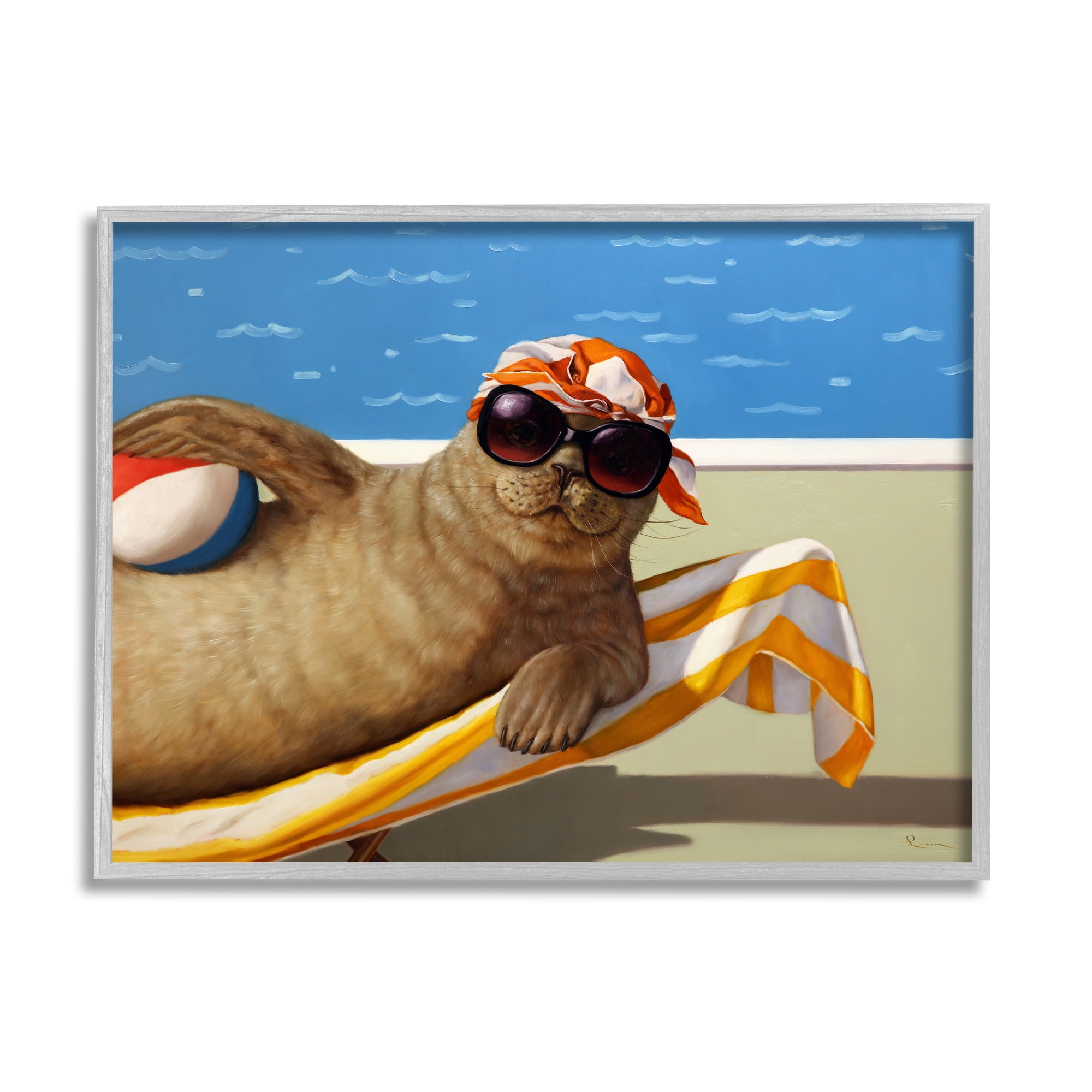 Stupell Industries Seal with Beachball Animals & Insects Painting Gray Framed Art Print Wall Art, 20 x 16