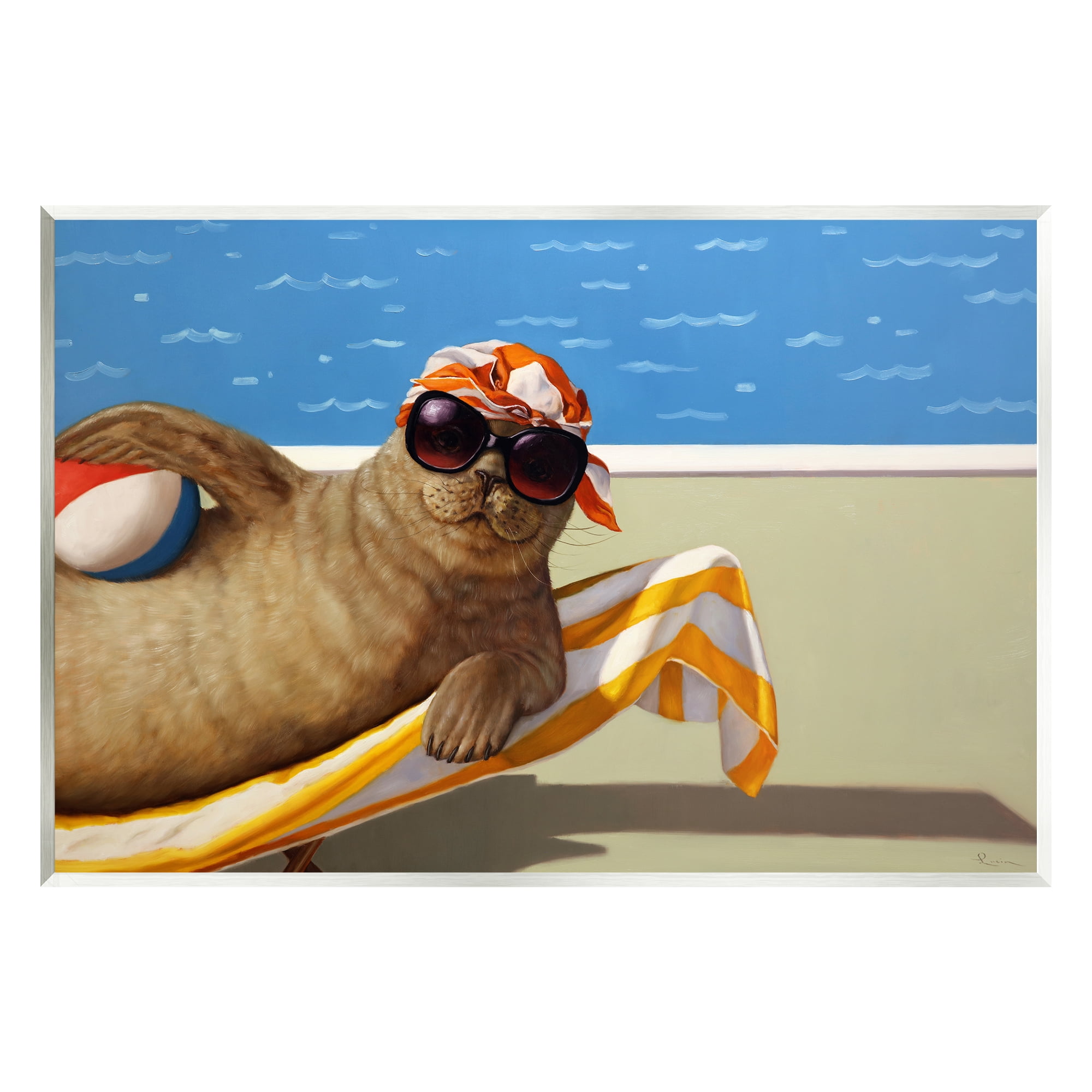 Stupell Industries Seal with Beachball Animals & Insects Painting Unframed Art Print Wall Art, 19 x 13