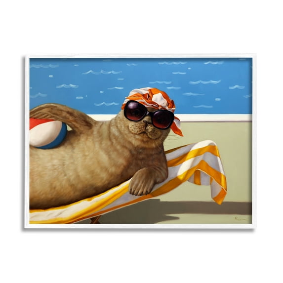 Stupell Industries Seal with Beachball Animals & Insects Painting White Framed Art Print Wall Art, 30 x 24