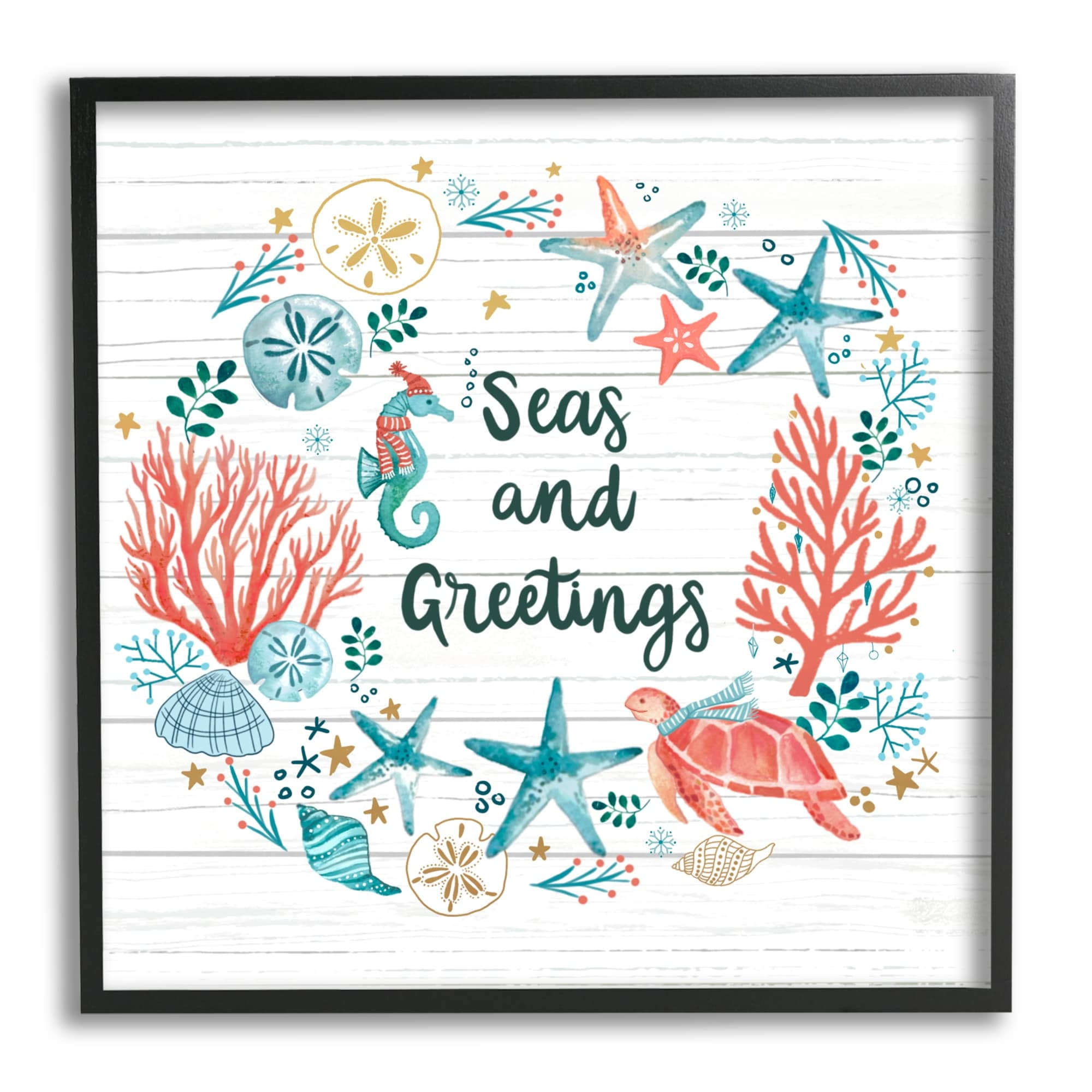 Stupell Industries Seas And Greetings Warm Nautical Holiday Wreath Graphic Art Black Framed Art Print Wall Art, Design by Sharon Lee