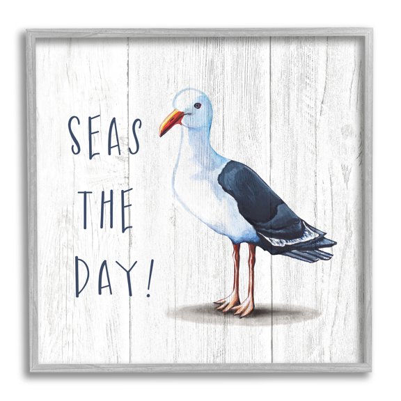 Stupell Industries Seas the Day Sentiment Rustic Nautical Seagull Bird Coastal Painting Gray Framed Art Print Wall Art, 12 x 12, Design by Elizabeth Tyndall