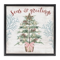 Stupell Industries Seas & Greetings Coastal Tree Holiday Painting Black Floater Framed Canvas Art Print Wall Art, 18 x 18