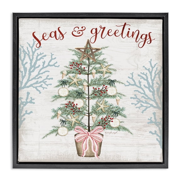 Stupell Industries Seas & Greetings Coastal Tree Holiday Painting Black Floater Framed Canvas Art Print Wall Art, 18 x 18