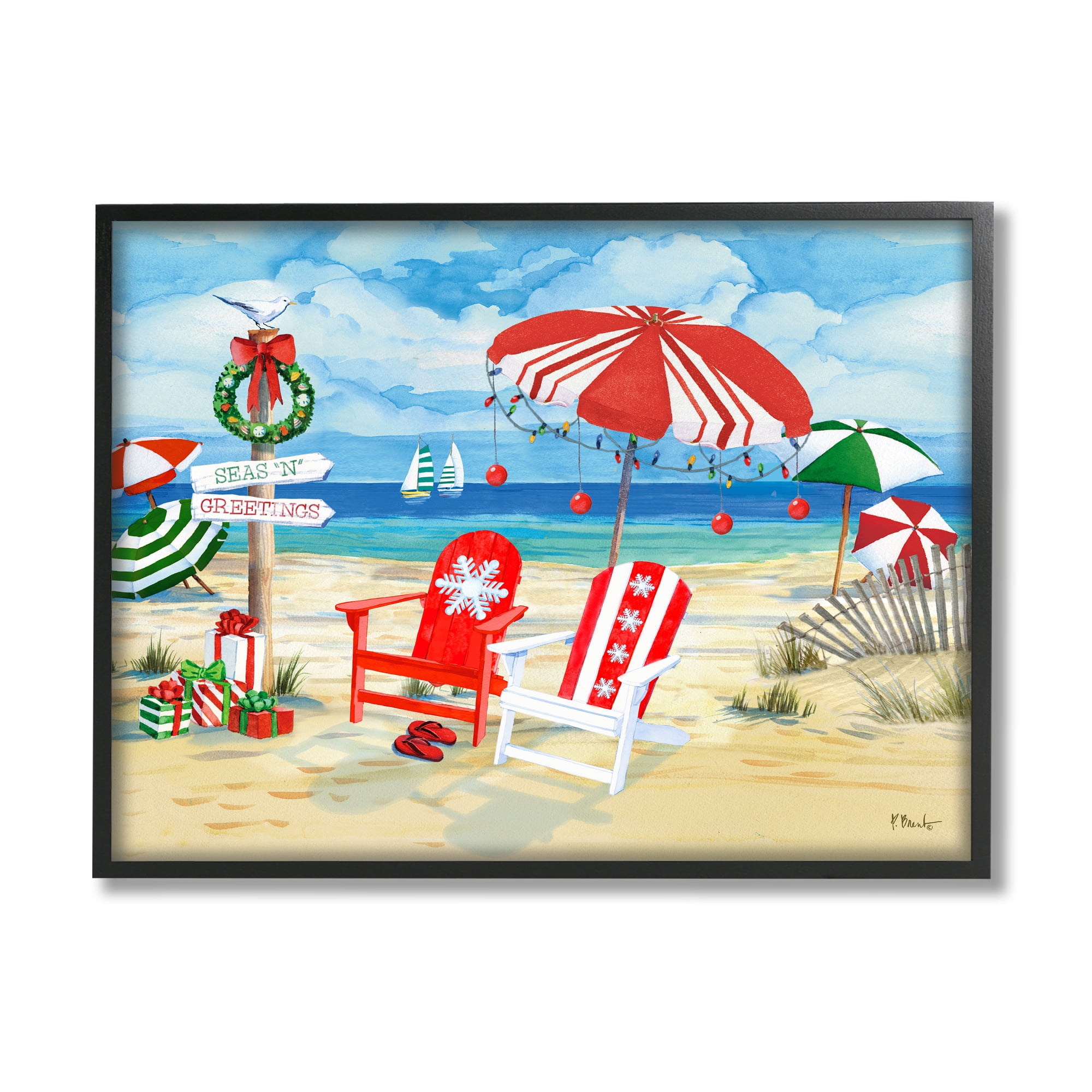 Holiday Beach Scene Landscape Print on Canvas with Black Frame
