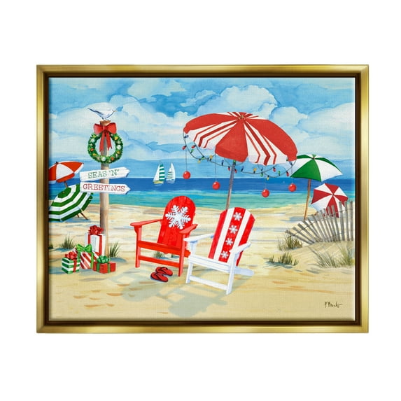 Stupell Industries Seas 'N' Greetings Scene Holiday Painting Gold Floater Framed Art Print Wall Art, 21 x 17