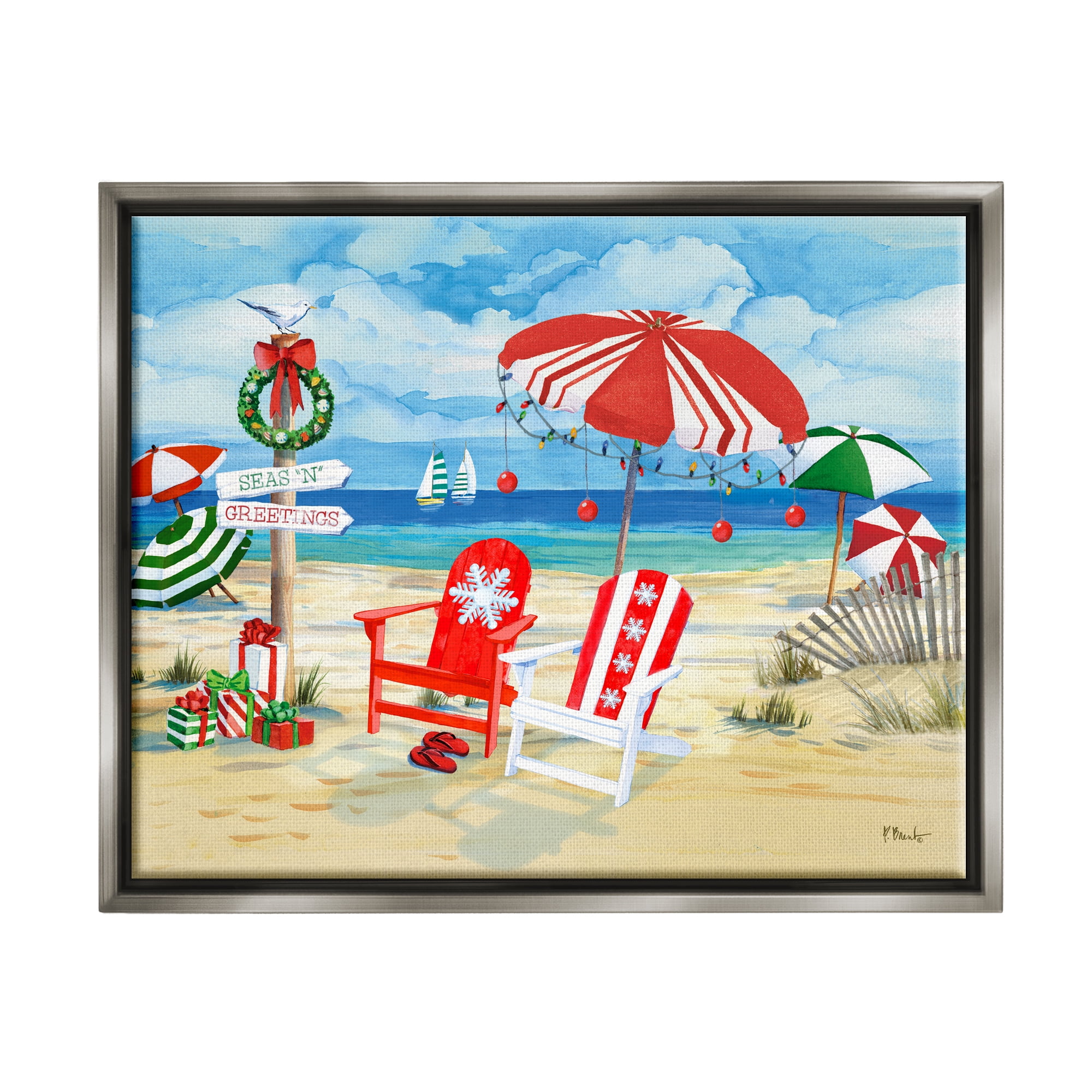Stupell Industries Seas 'N' Greetings Scene Holiday Painting Gray Floater Framed Art Print Wall Art, 21 x 17