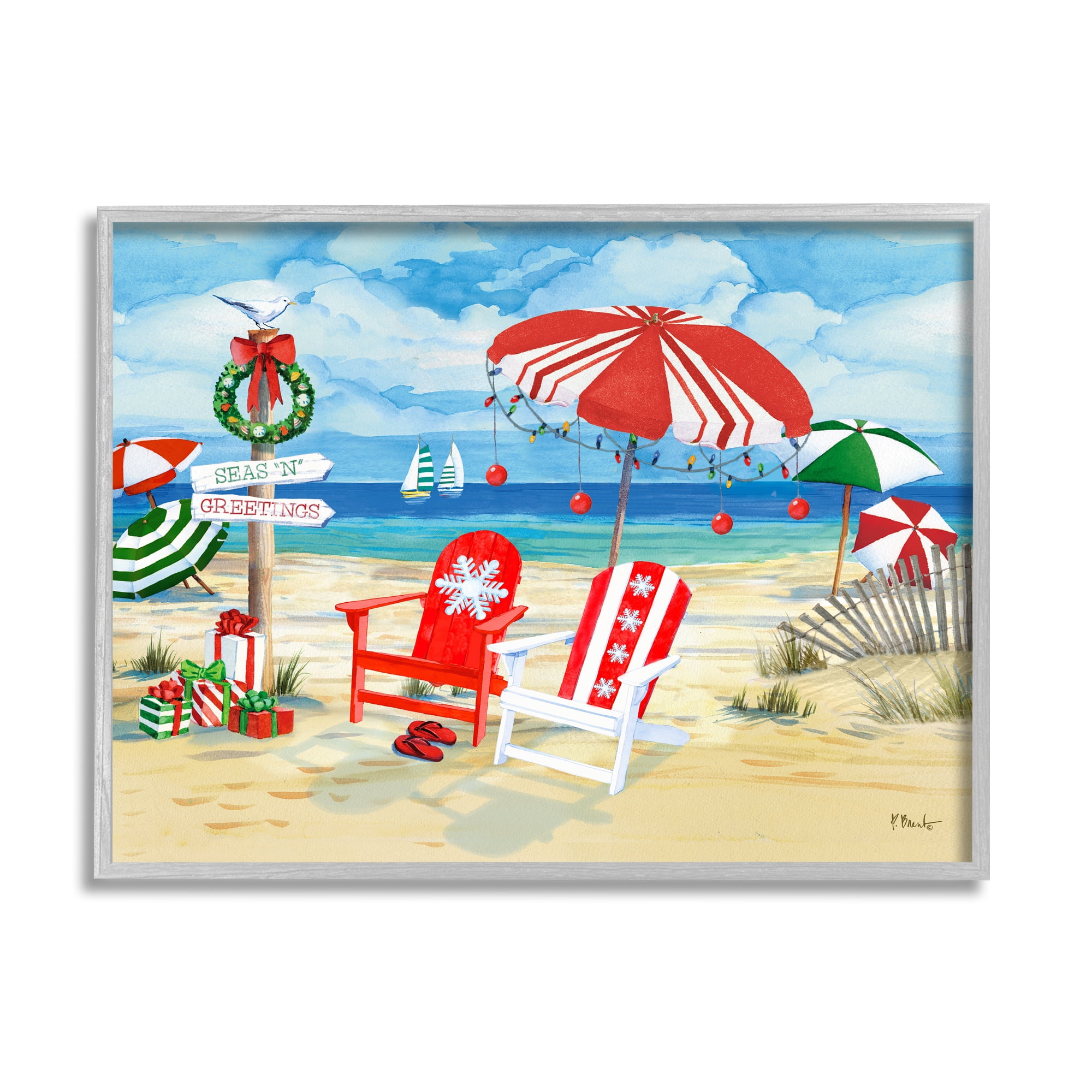 Stupell Industries Seas 'N' Greetings Scene Holiday Painting Gray Framed Art Print Wall Art, 20 x 16