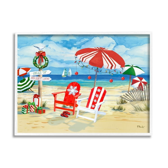 Stupell Industries Seas 'N' Greetings Scene Holiday Painting White Framed Art Print Wall Art, 14 x 11