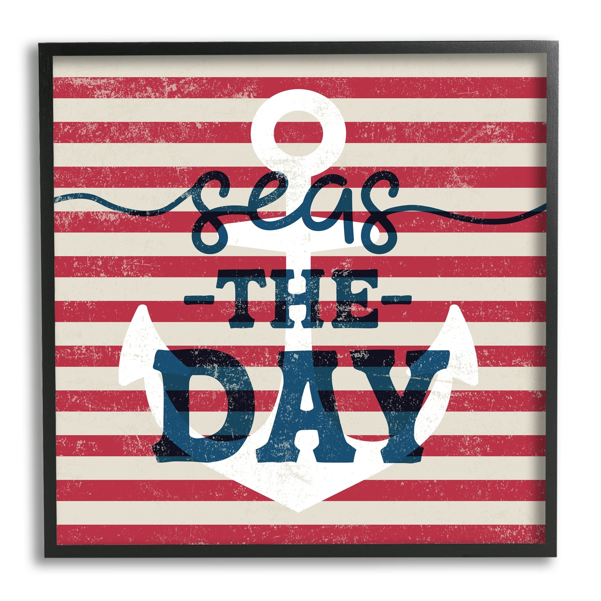 Stupell Industries Seas The Day Americana Anchor & Flag Phrase Graphic Art Black Framed Art Print Wall Art, Design by Daphne Polselli
