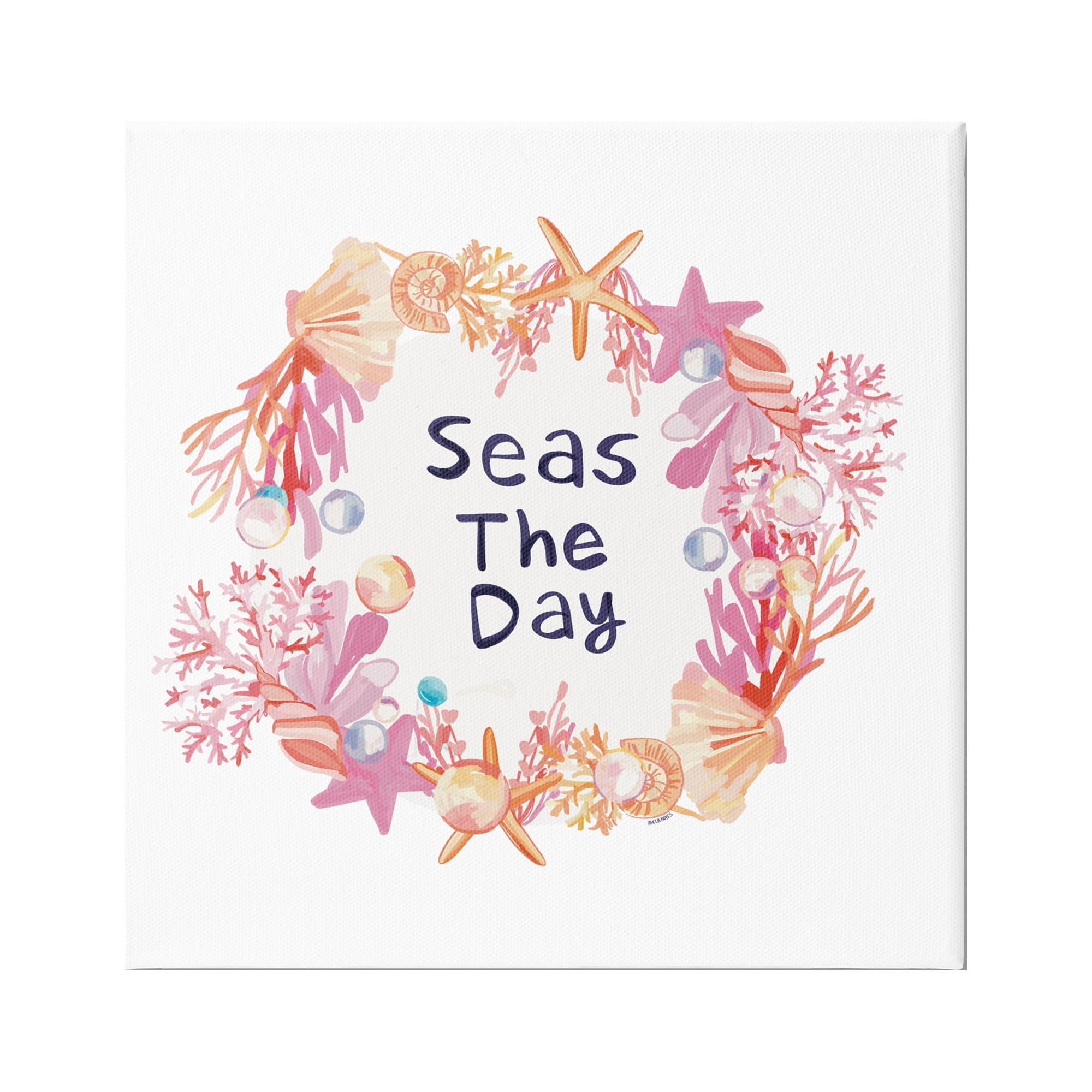 Stupell Industries Seas The Day Marine Life Coral Botanical Wreath Graphic Art Gallery Wrapped Canvas Print Wall Art, Design by Amelia Noyes