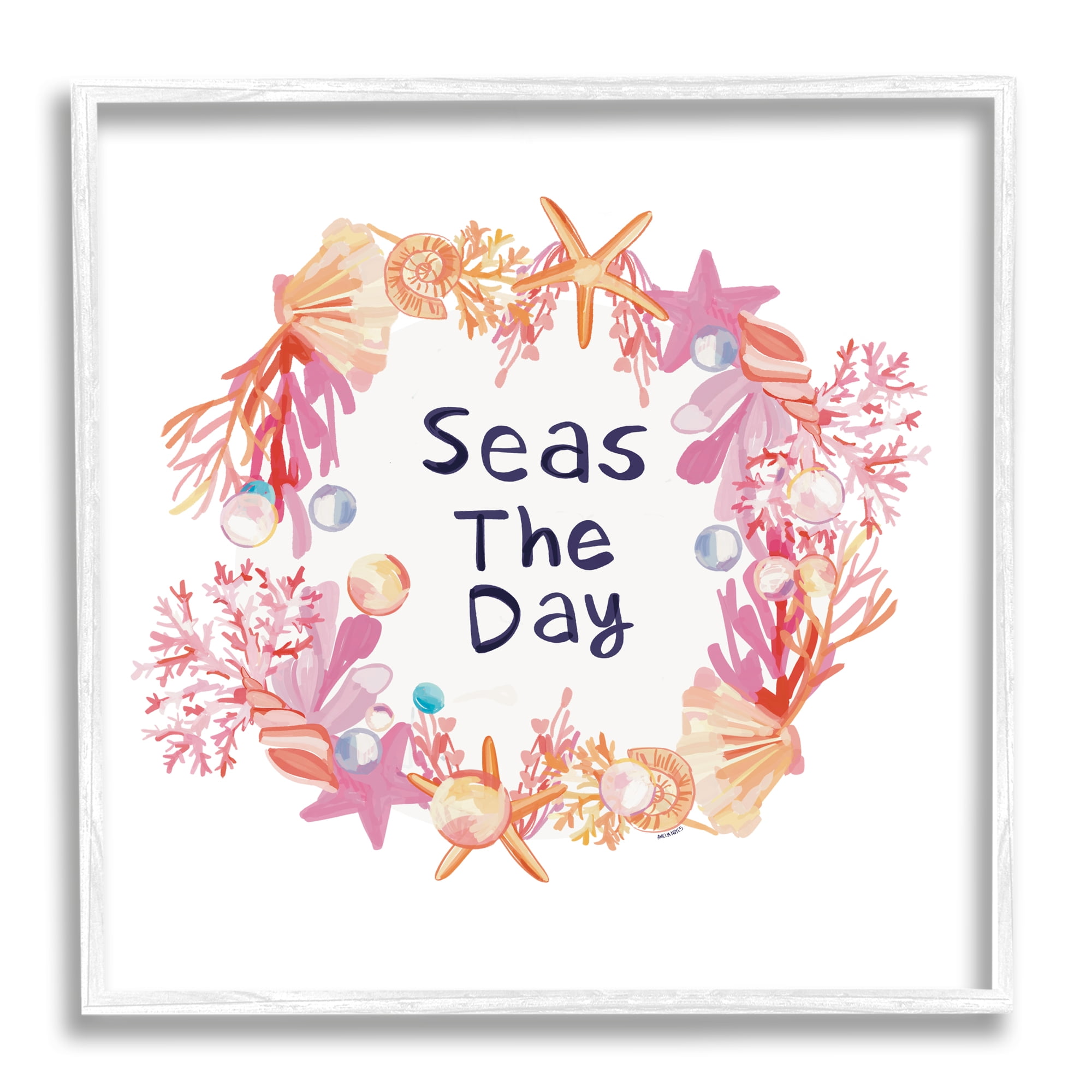 Stupell Industries Seas The Day Marine Life Coral Botanical Wreath Graphic Art White Framed Art Print Wall Art, Design by Amelia Noyes