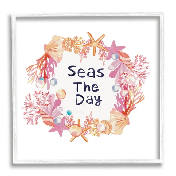 Stupell Industries Seas The Day Marine Life Coral Botanical Wreath Graphic Art White Framed Art Print Wall Art, Design by Amelia Noyes