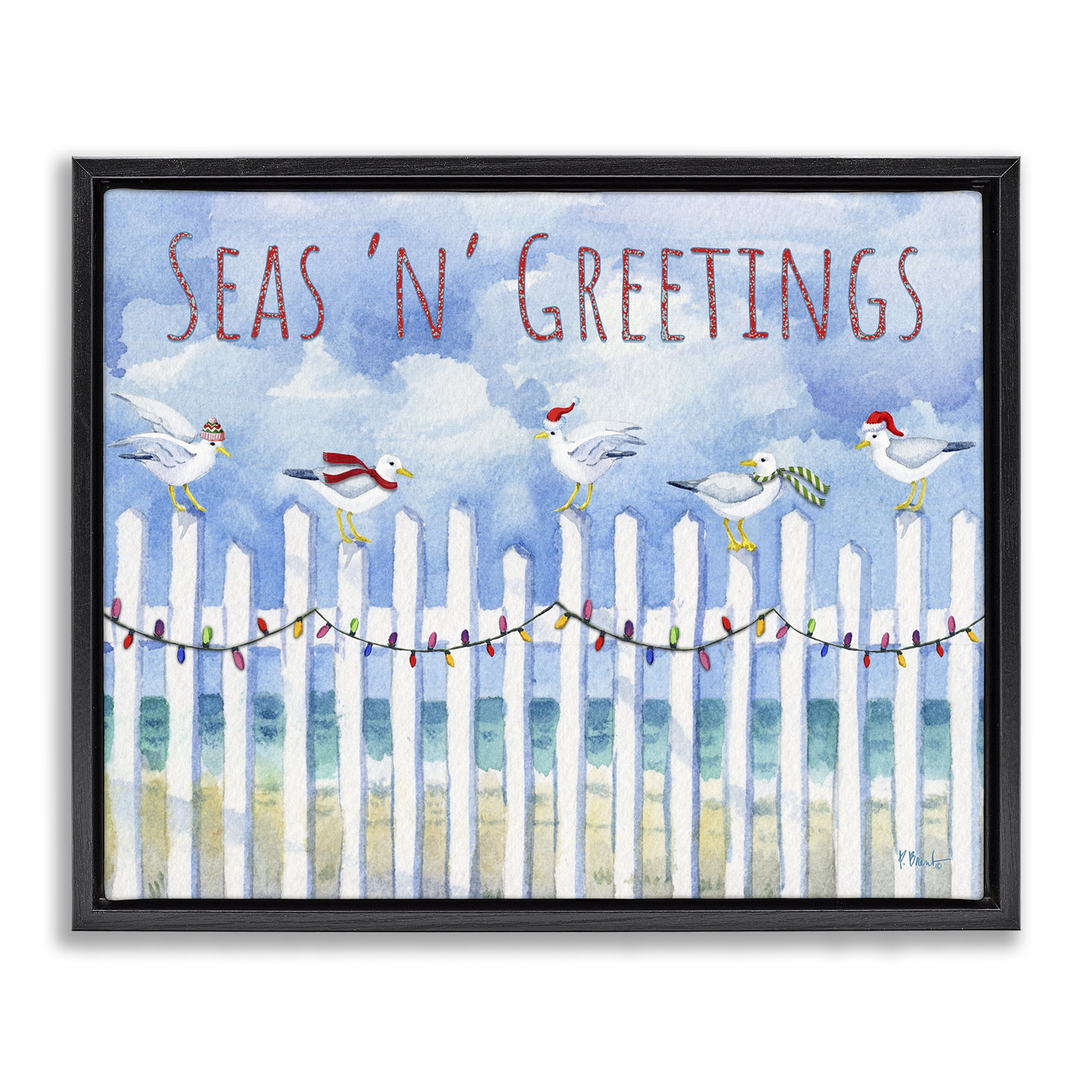 Stupell Industries Seas 'n' Greetings Seagulls Holiday Painting Black Floater Framed Canvas Art Print Wall Art, 31 x 25