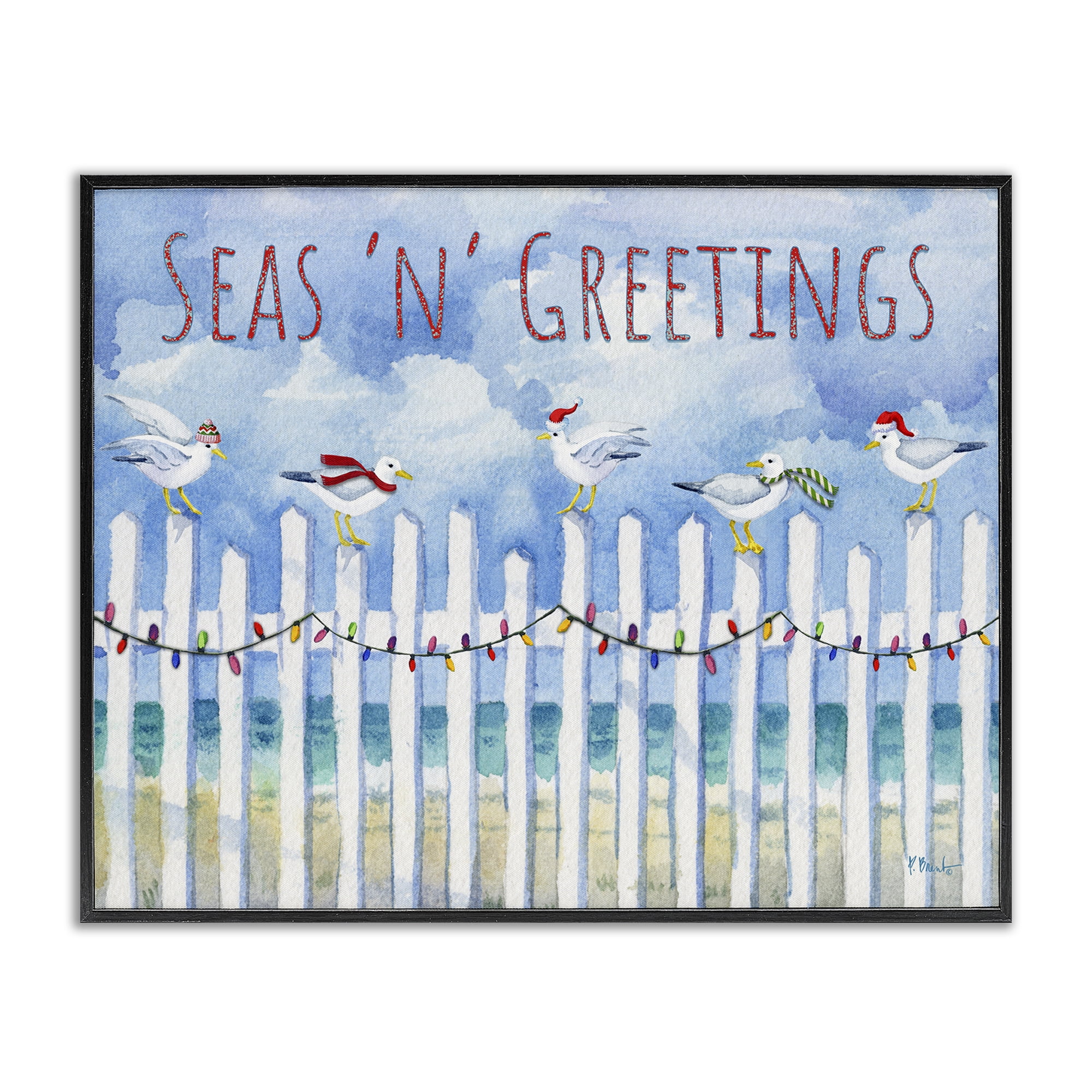 Stupell Industries Seas 'n' Greetings Seagulls Holiday Painting Black Framed Art Print Wall Art, 30 x 24
