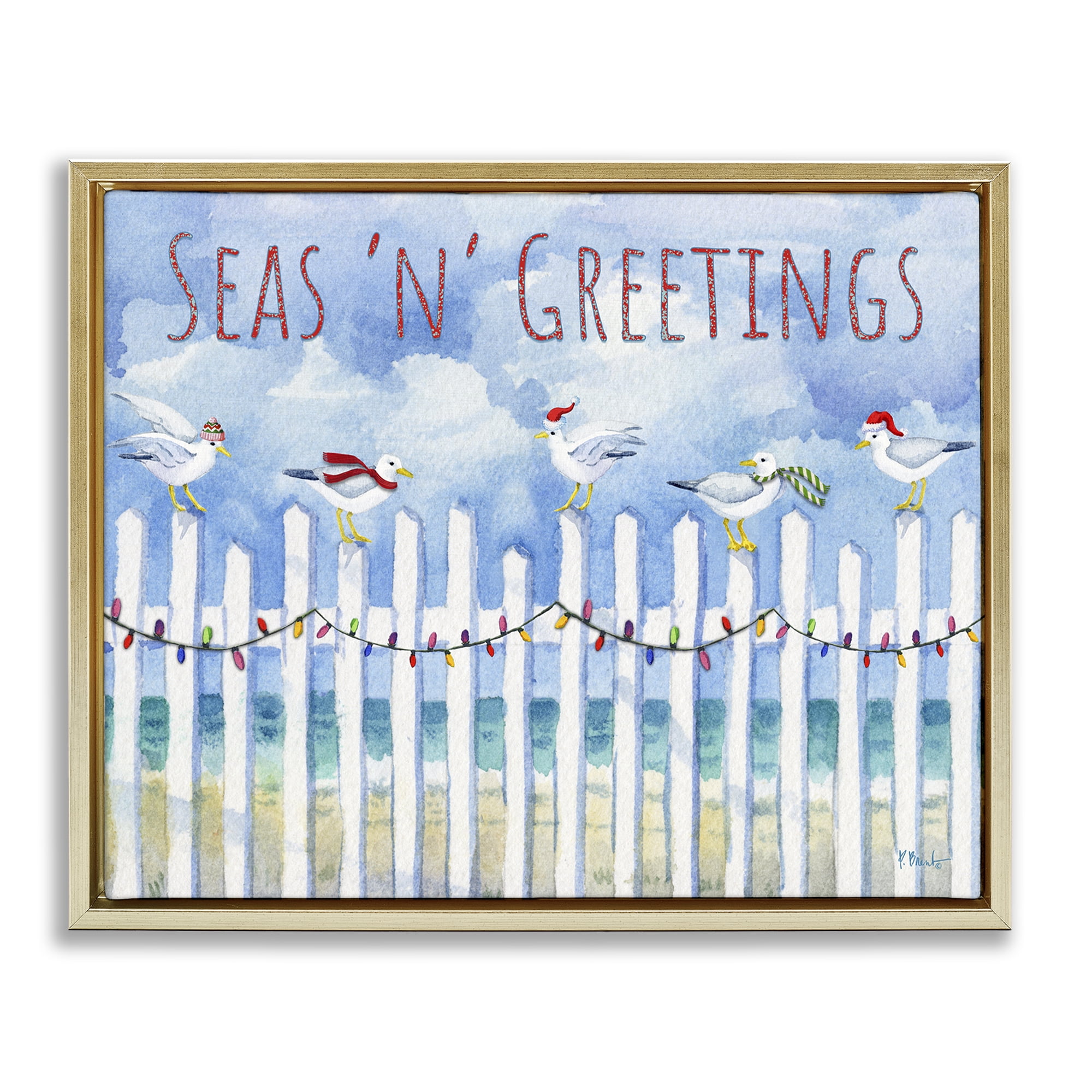 Stupell Industries Seas 'n' Greetings Seagulls Holiday Painting Gold Floater Framed Canvas Art Print Wall Art, 31 x 25