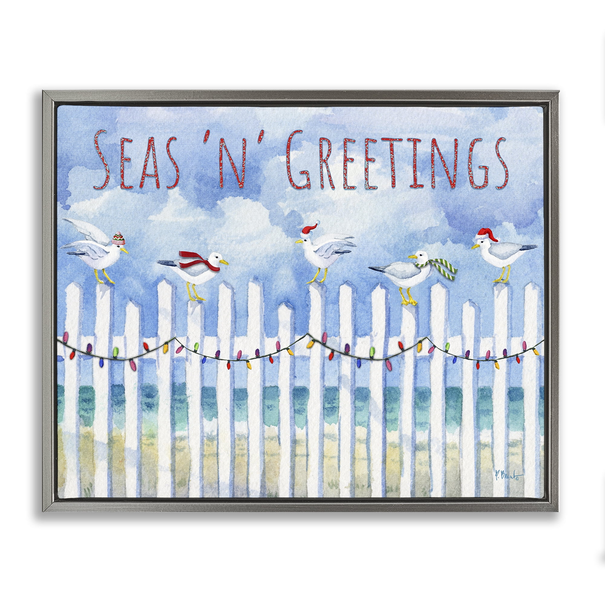 Stupell Industries Seas 'n' Greetings Seagulls Holiday Painting Gray Floater Framed Canvas Art Print Wall Art, 31 x 25