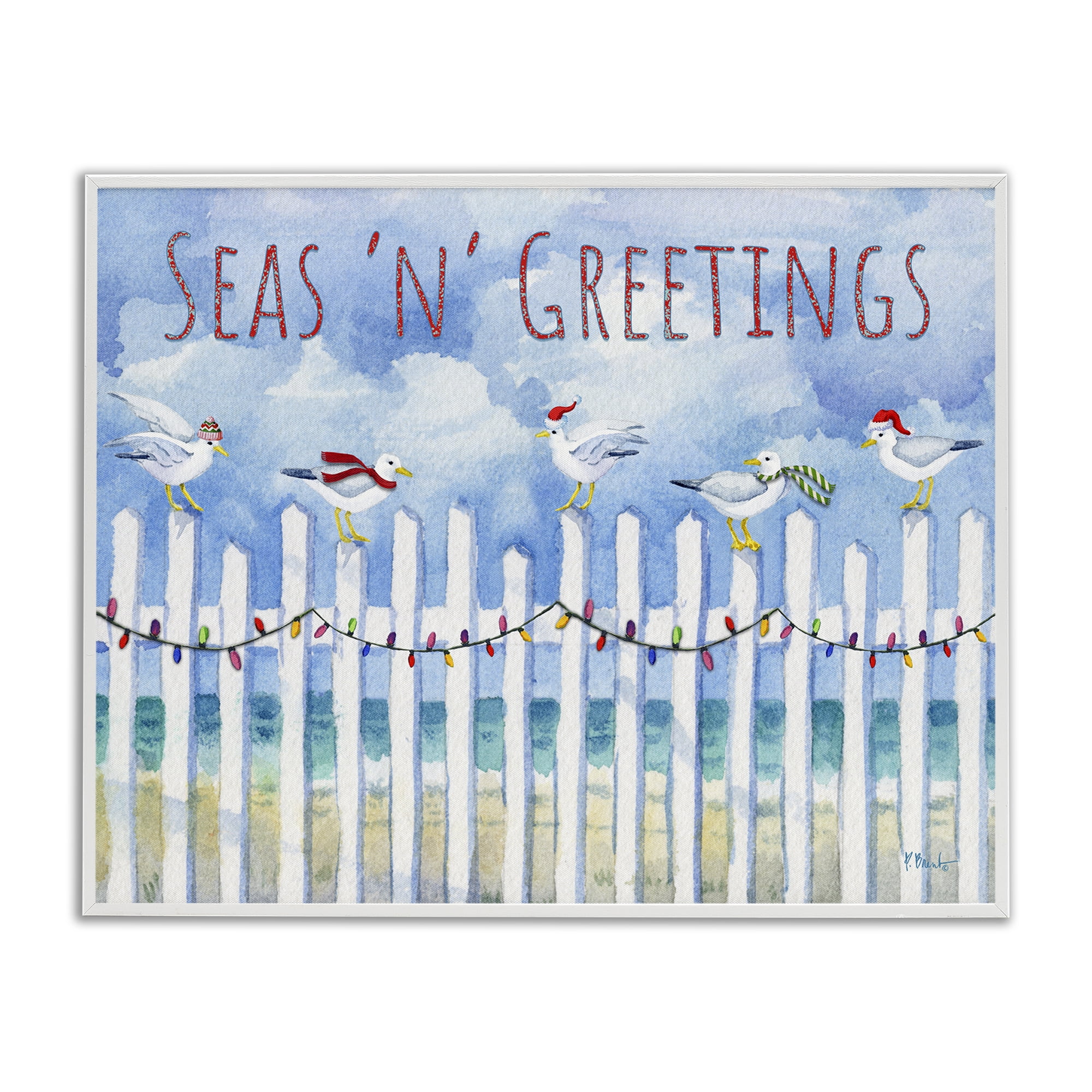 Stupell Industries Seas 'n' Greetings Seagulls Holiday Painting White Framed Art Print Wall Art, 30 x 24
