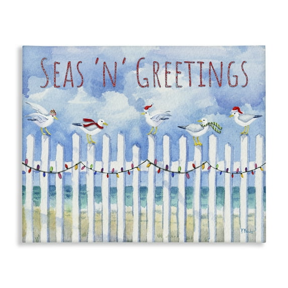 Stupell Industries Seas 'n' Greetings Seagulls Holiday Painting Wrapped Canvas Art Print Wall Art, 20 x 16