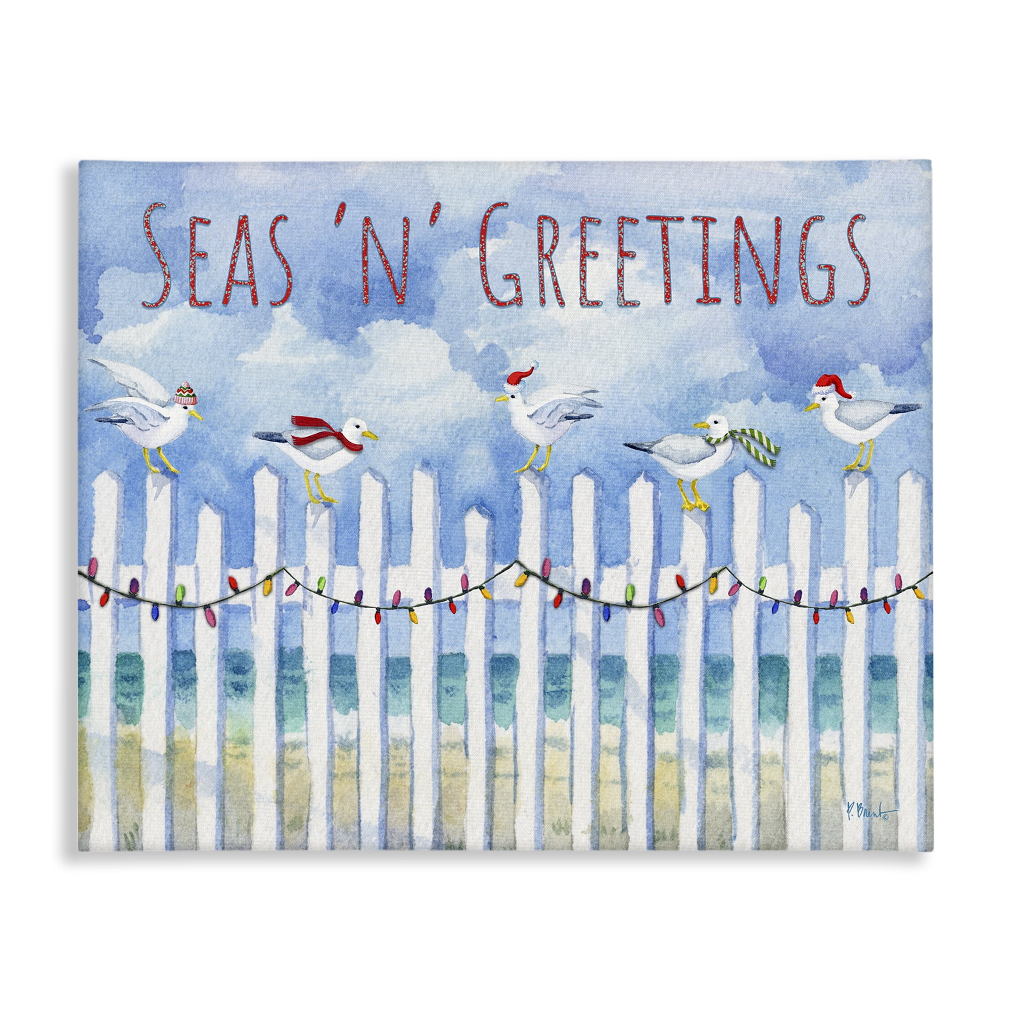 Stupell Industries Seas 'n' Greetings Seagulls Holiday Painting Wrapped Canvas Art Print Wall Art, 40 x 30