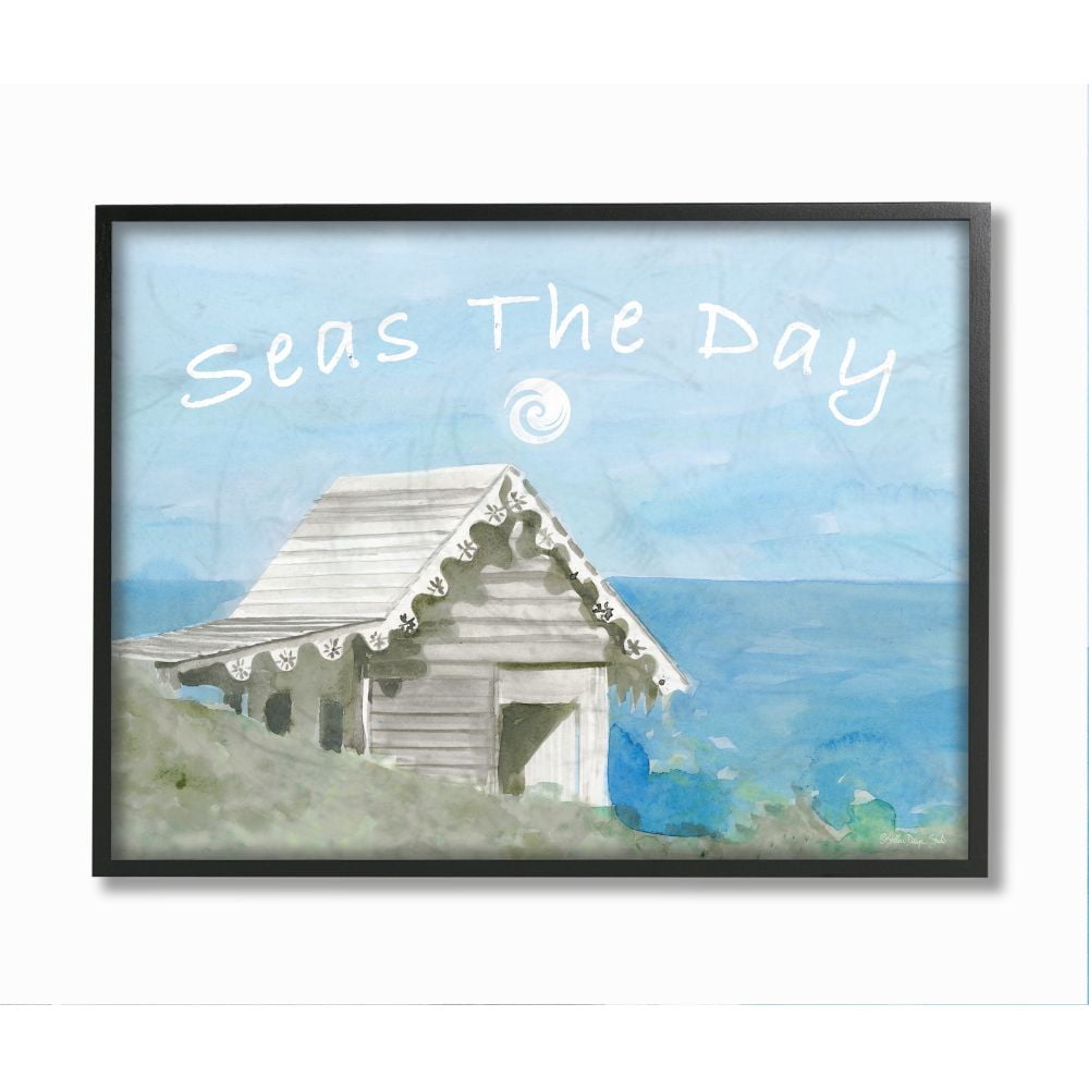 Stupell Industries Seas the Day Phrase Nautical Motivational Pun Framed Wall Art Design by Stellar Design Studio, 11" x 14", Black Framed