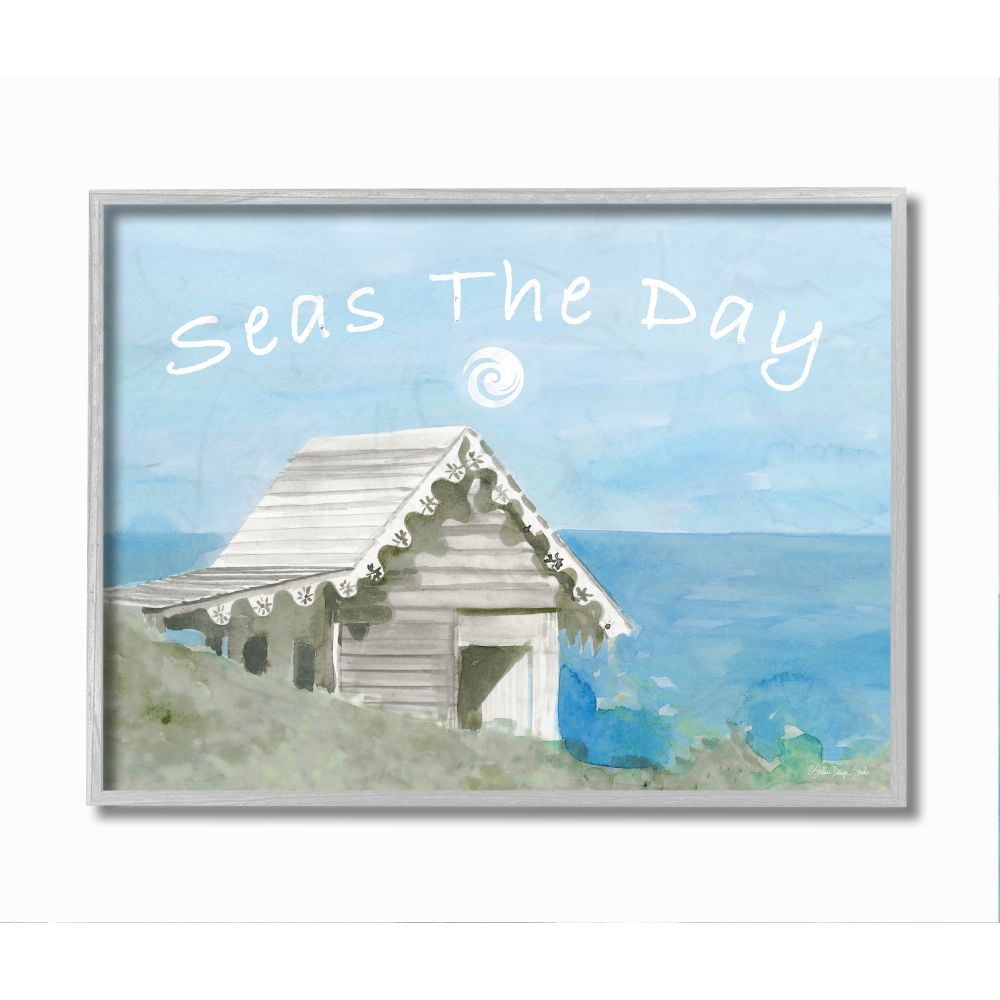 Stupell Industries Seas the Day Phrase Nautical Motivational Pun Framed Wall Art Design by Stellar Design Studio