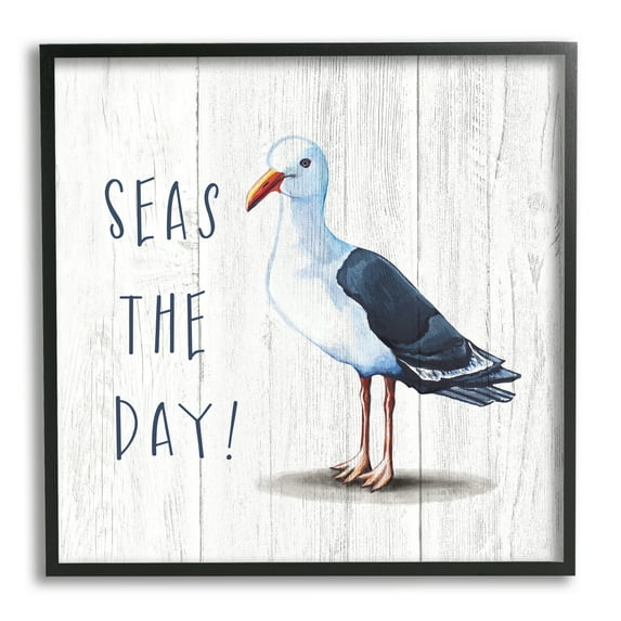 Stupell Industries Seas the Day Sentiment Rustic Nautical Seagull Bird Graphic Art Black Framed Art Print Wall Art, 24x24, by Elizabeth Tyndall