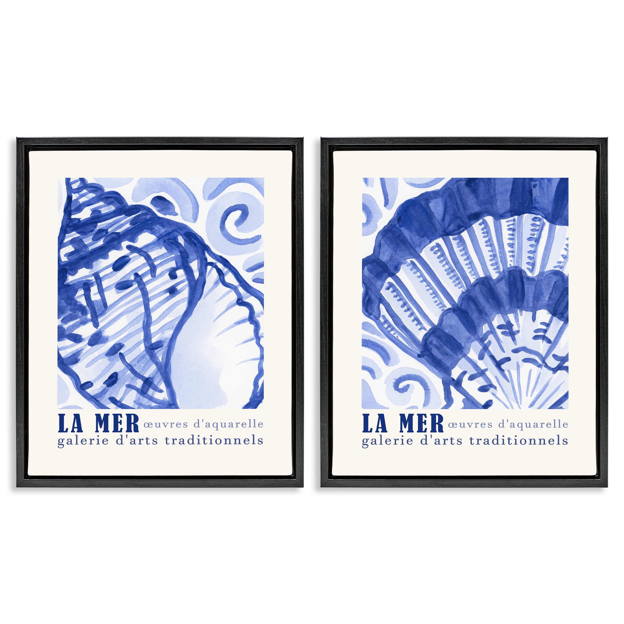 Stupell Industries Seashell Gallery Posters Nautical & Beach Painting Black Floater Framed Canvas Art Print Wall Art, 31 x 25, Set of 2