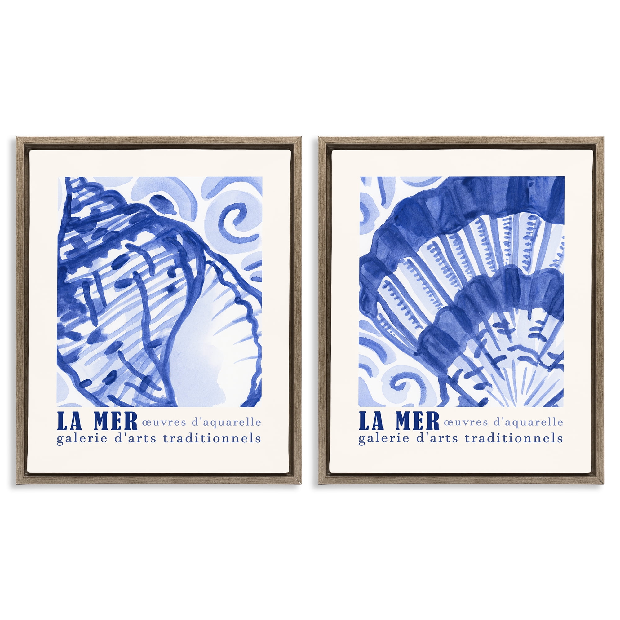 Stupell Industries Seashell Gallery Posters Nautical & Beach Painting Brown Floater Framed Canvas Art Print Wall Art, 31 x 25, Set of 2