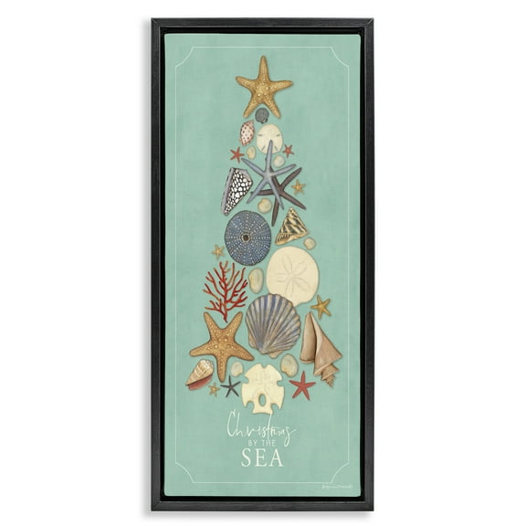 Stupell Industries Seashell Holiday Tree Holiday Painting Black Floater Framed Canvas Art Print Wall Art, 11 x 25