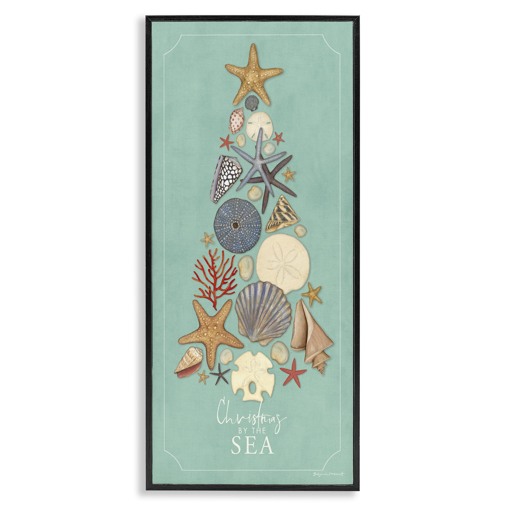Stupell Industries Seashell Holiday Tree Holiday Painting Black Framed Art Print Wall Art, 13 x 30
