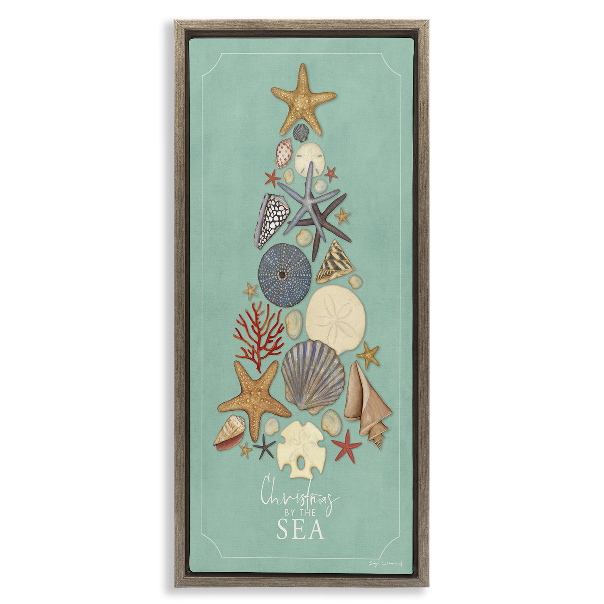 Stupell Industries Seashell Holiday Tree Holiday Painting Brown Floater Framed Canvas Art Print Wall Art, 11 x 25