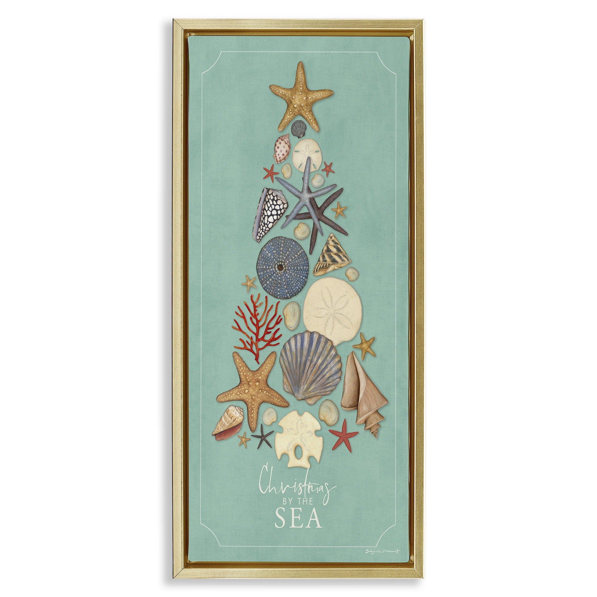 Stupell Industries Seashell Holiday Tree Holiday Painting Gold Floater Framed Canvas Art Print Wall Art, 15 x 31