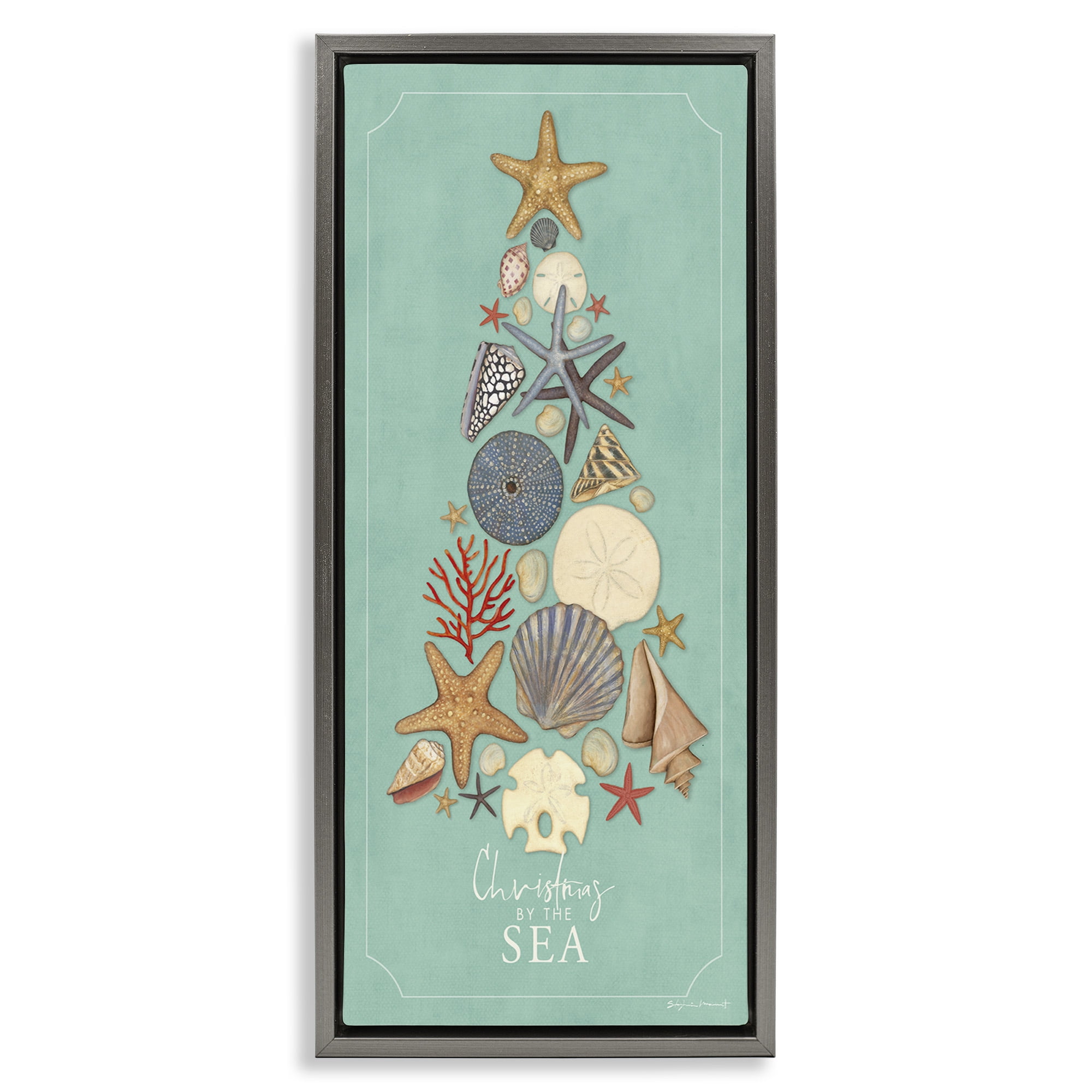 Stupell Industries Seashell Holiday Tree Holiday Painting Gray Floater Framed Canvas Art Print Wall Art, 11 x 25
