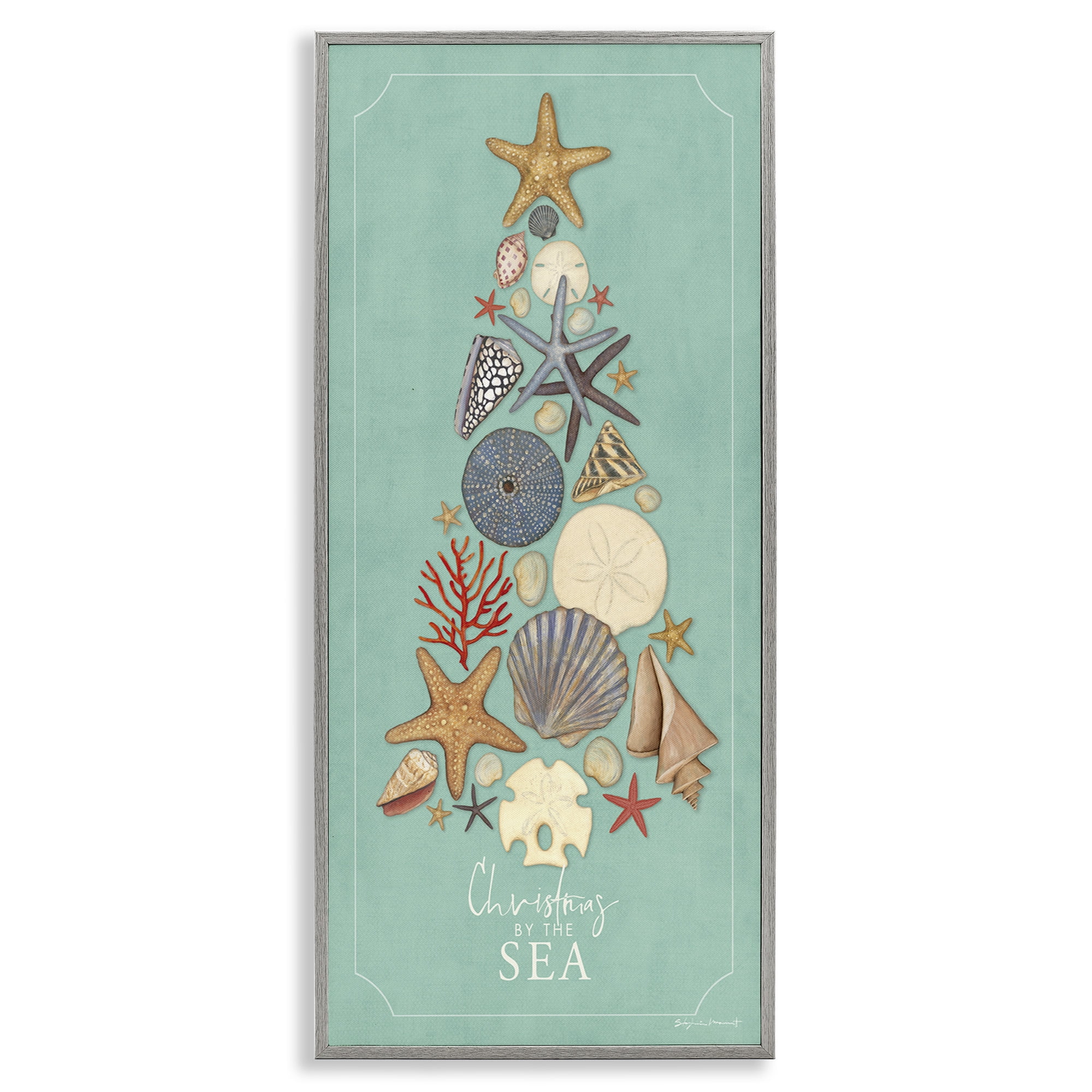 Stupell Industries Seashell Holiday Tree Holiday Painting Gray Framed Art Print Wall Art, 13 x 30